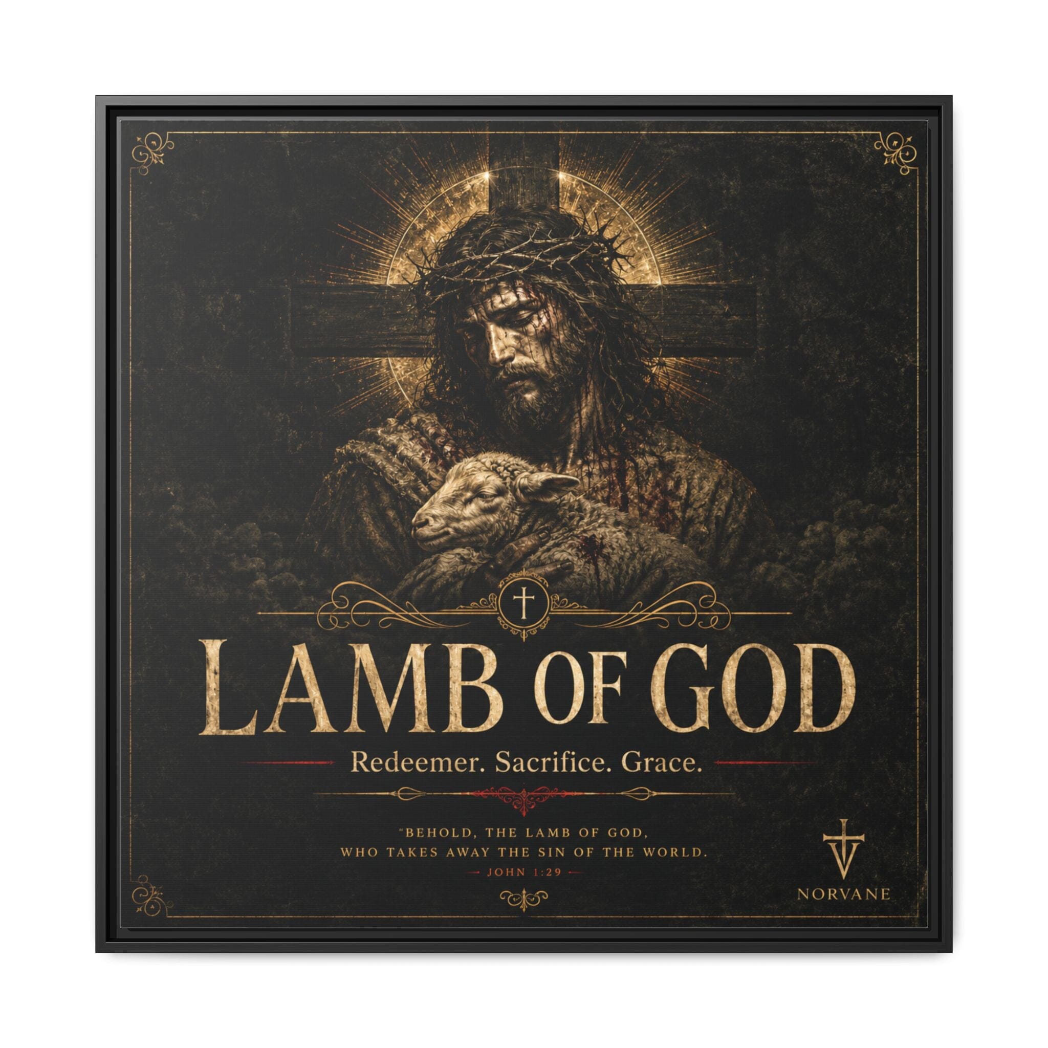 Norvane Lamb of God Framed Canvas – Redeemer Sacrifice Grace Wall Art in Black – view 11