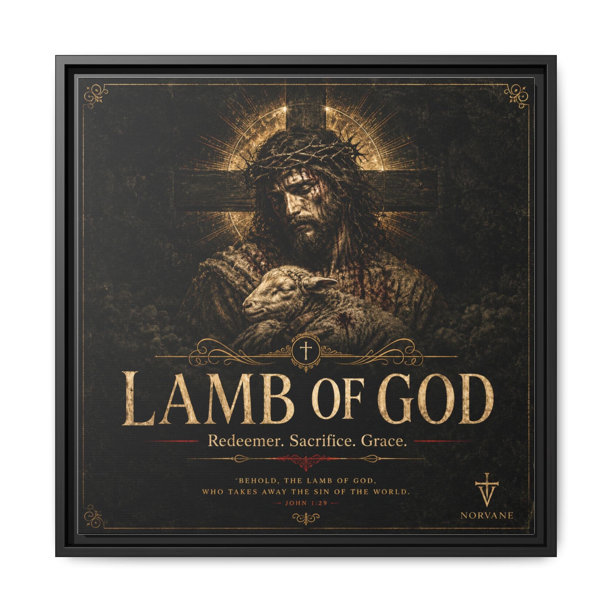 Norvane Lamb of God Framed Canvas – Redeemer Sacrifice Grace Wall Art in Black – view 21