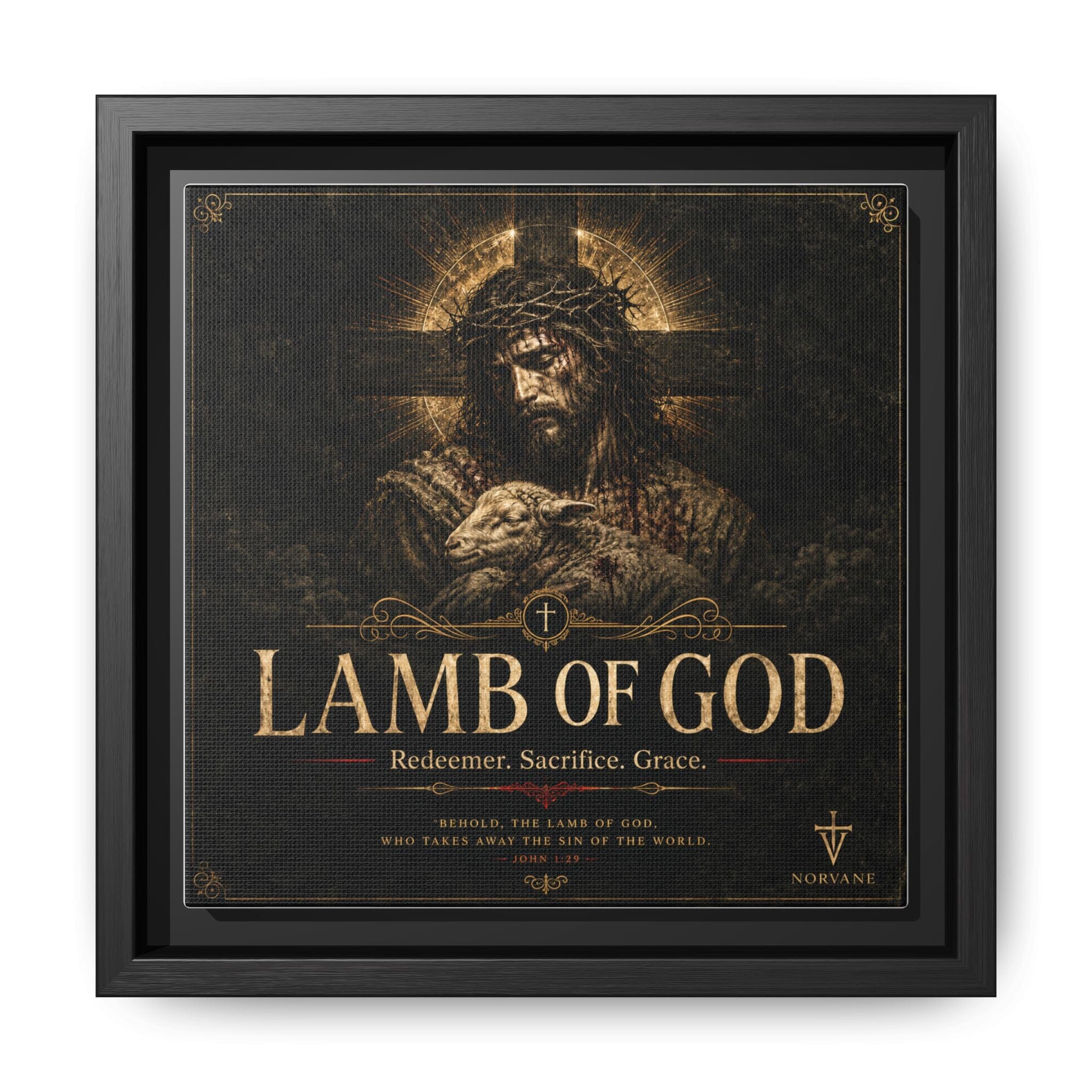 Norvane Lamb of God Framed Canvas – Redeemer Sacrifice Grace Wall Art in Black – view 6