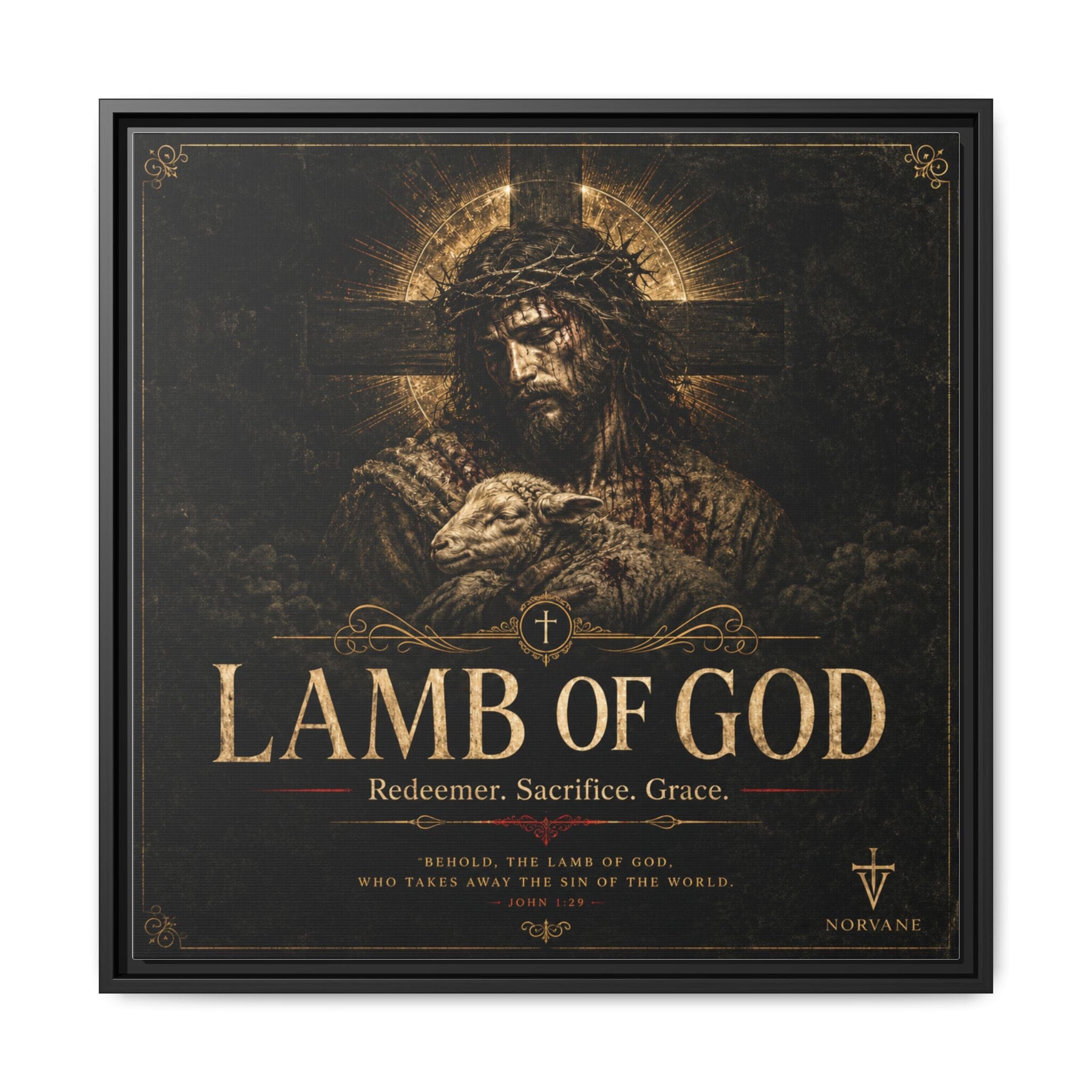 Norvane Lamb of God Framed Canvas – Redeemer Sacrifice Grace Wall Art in Black