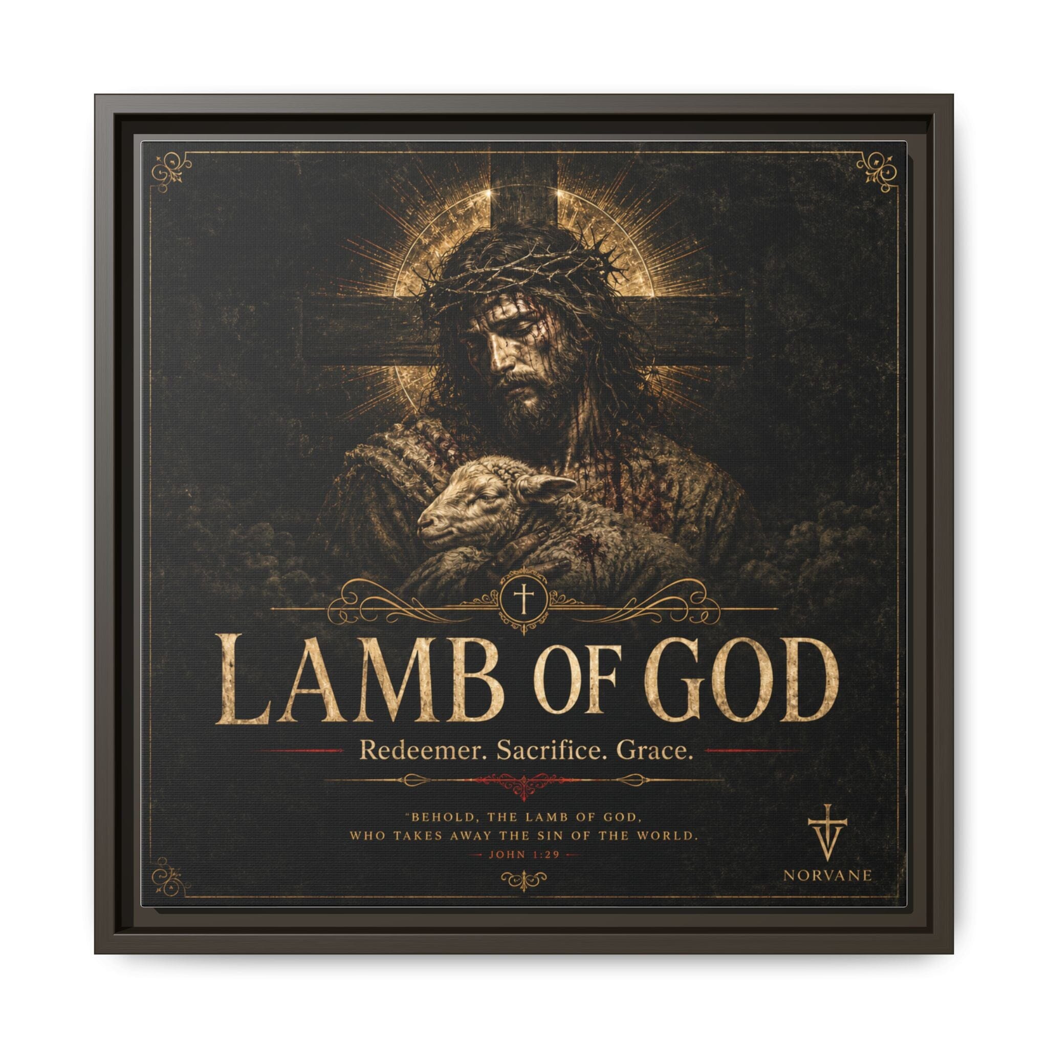 Norvane Lamb of God Framed Canvas – Redeemer Sacrifice Grace Wall Art in Espresso – view 14