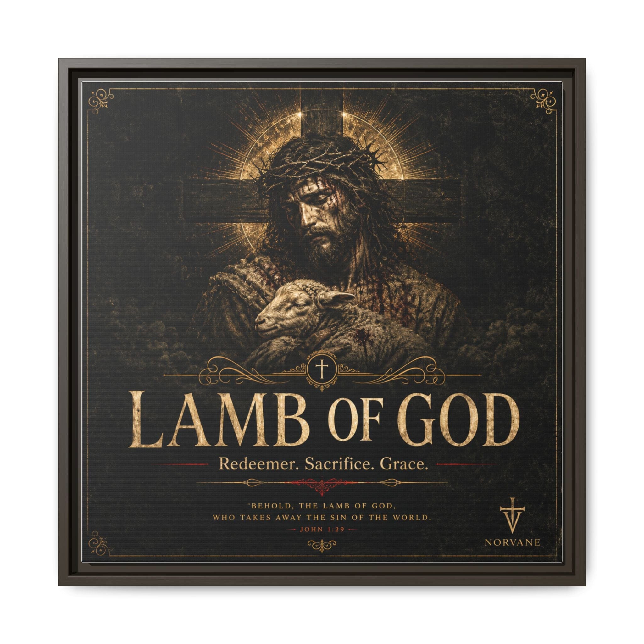 Norvane Lamb of God Framed Canvas – Redeemer Sacrifice Grace Wall Art in Espresso – view 22