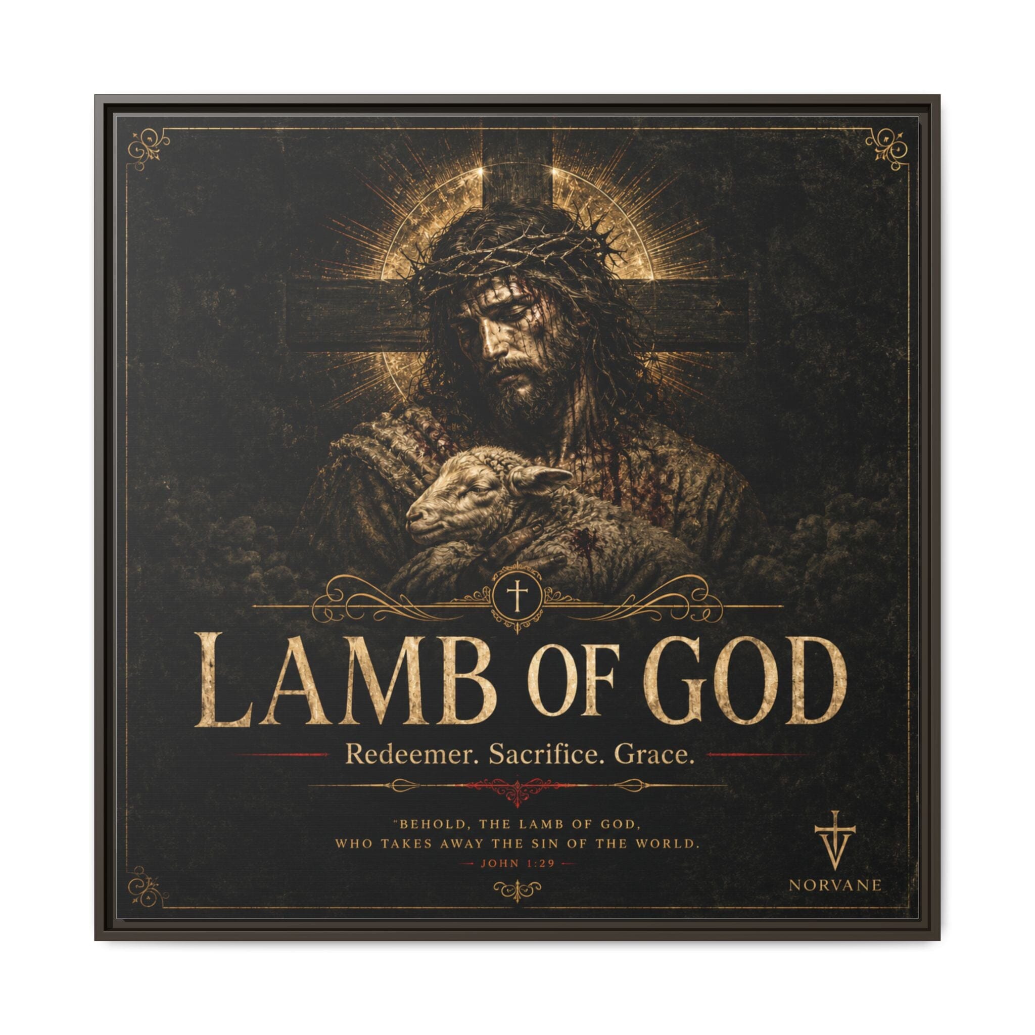 Norvane Lamb of God Framed Canvas – Redeemer Sacrifice Grace Wall Art in Espresso – view 28