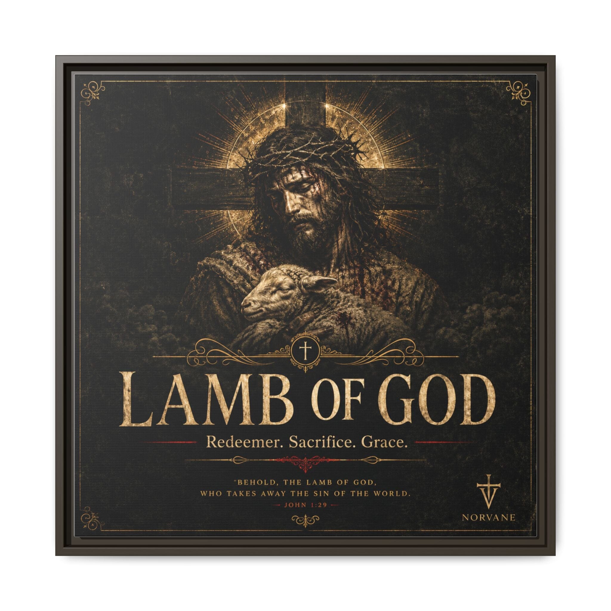 Norvane Lamb of God Framed Canvas – Redeemer Sacrifice Grace Wall Art in Espresso