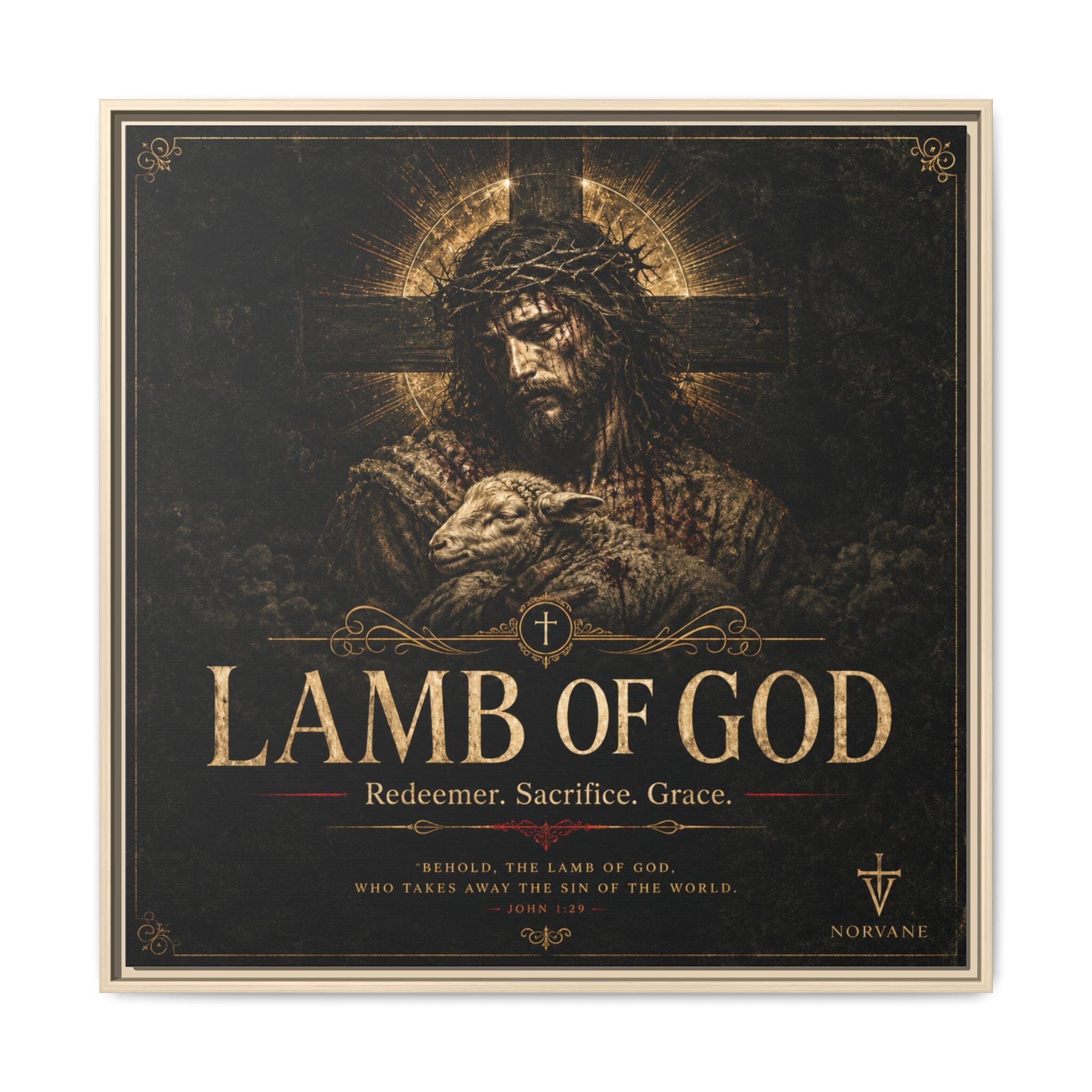 Norvane Lamb of God Framed Canvas – Redeemer Sacrifice Grace Wall Art in Natural – view 10