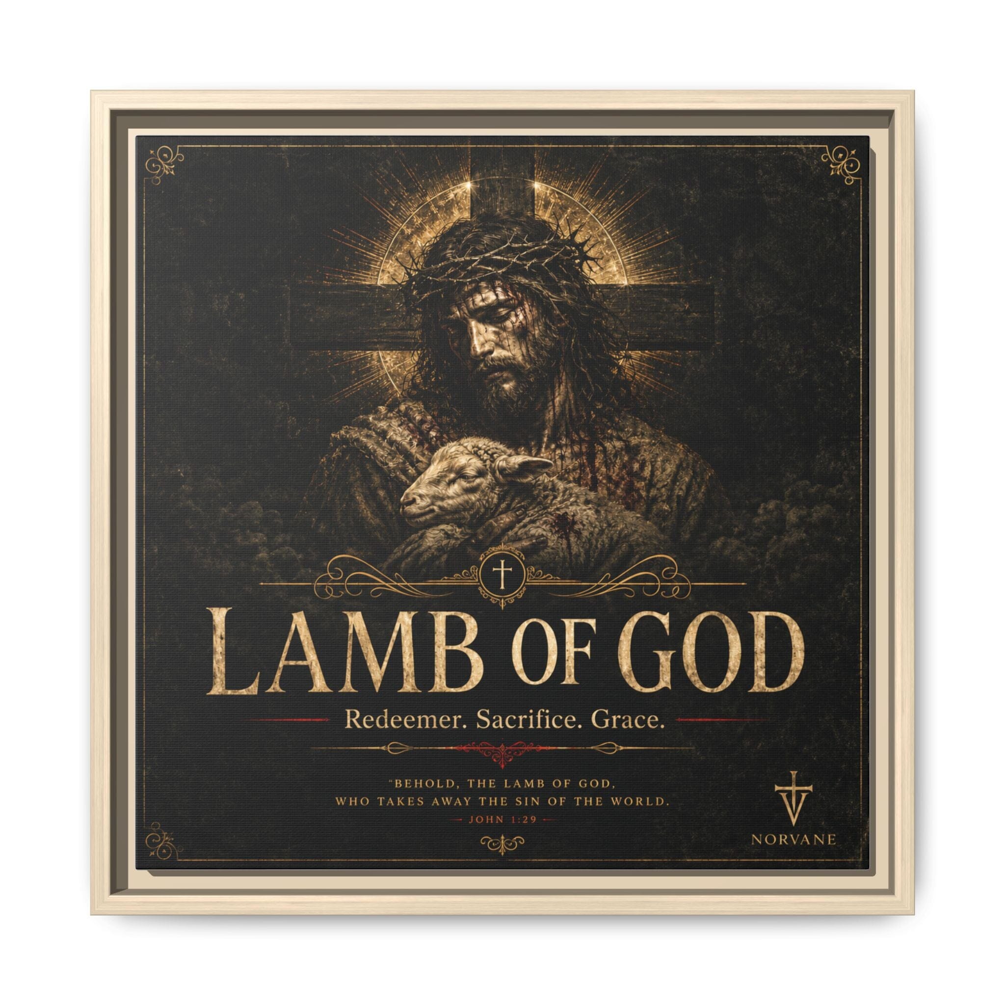 Norvane Lamb of God Framed Canvas – Redeemer Sacrifice Grace Wall Art in Natural – view 13