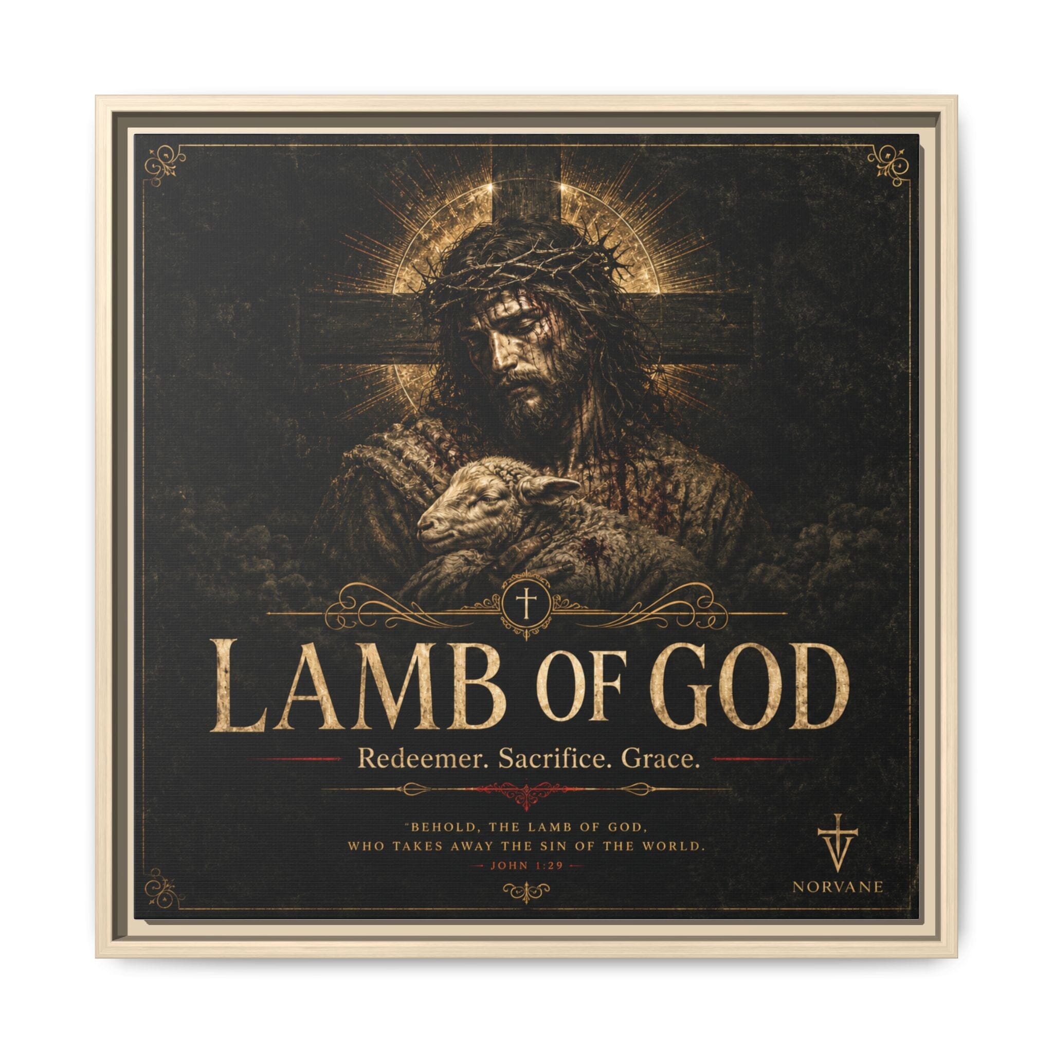 Norvane Lamb of God Framed Canvas – Redeemer Sacrifice Grace Wall Art in Natural – view 23