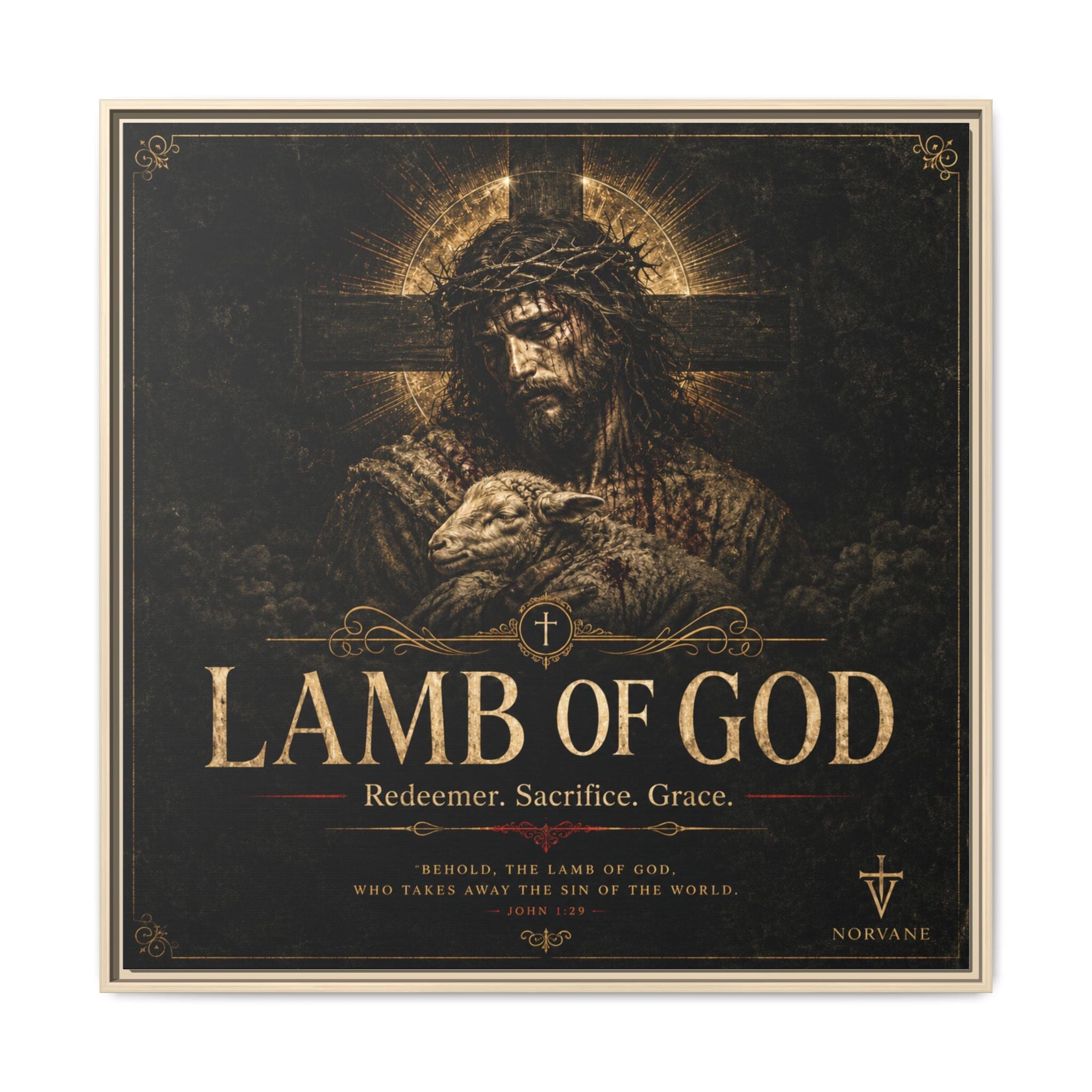 Norvane Lamb of God Framed Canvas – Redeemer Sacrifice Grace Wall Art in Natural – view 27