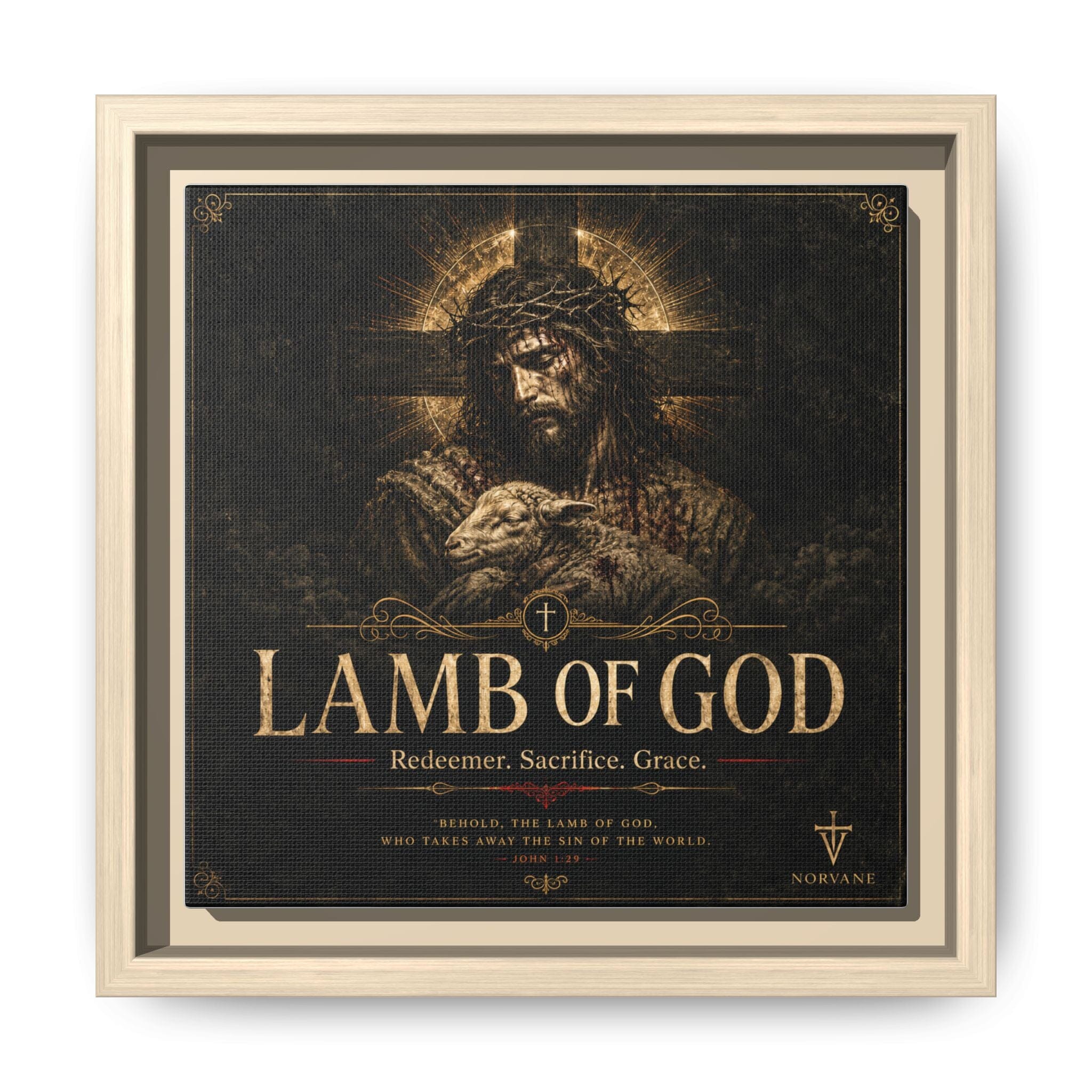 Norvane Lamb of God Framed Canvas – Redeemer Sacrifice Grace Wall Art in Natural – view 8