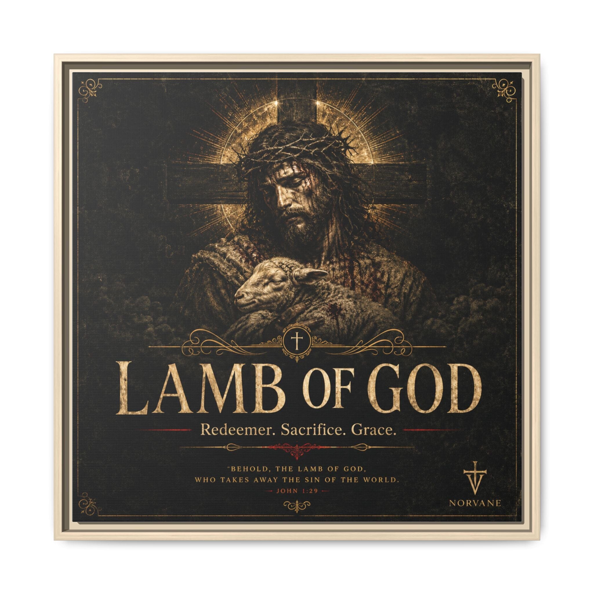 Norvane Lamb of God Framed Canvas – Redeemer Sacrifice Grace Wall Art in Natural