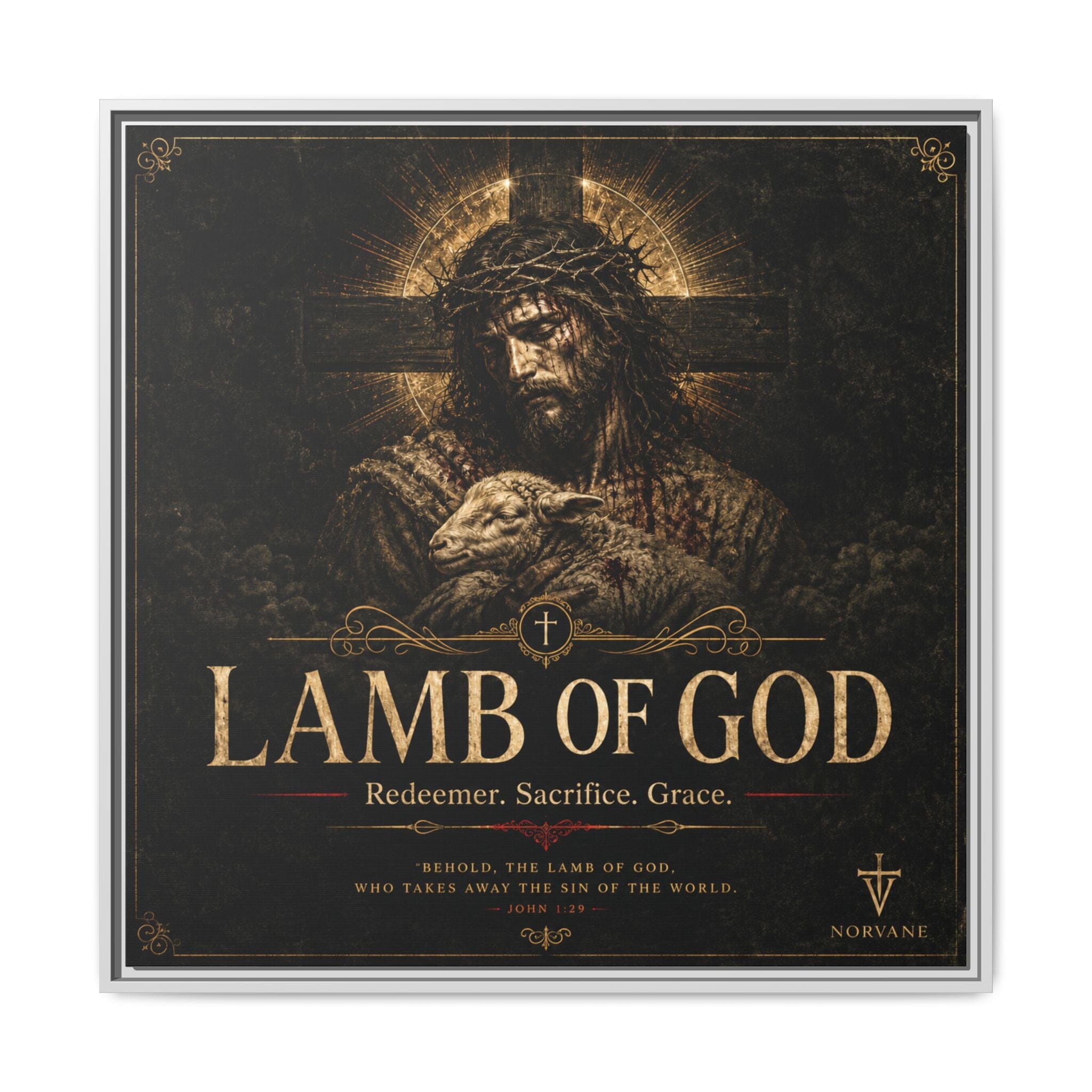 Norvane Lamb of God Framed Canvas – Redeemer Sacrifice Grace Wall Art in White – view 12