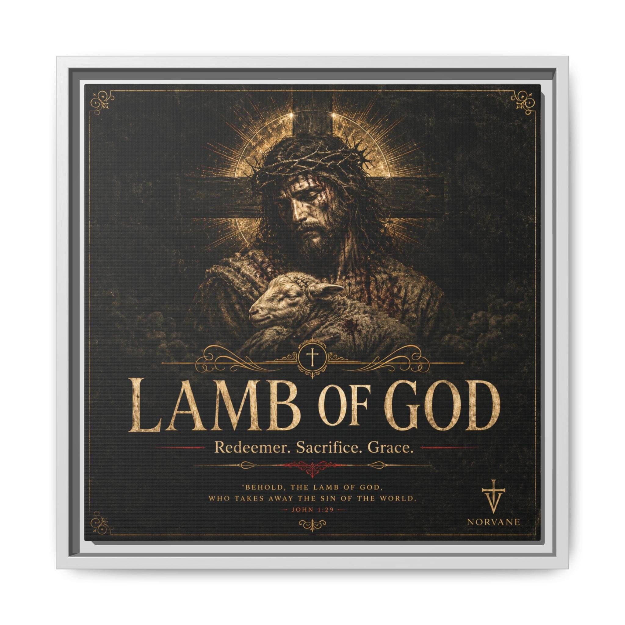 Norvane Lamb of God Framed Canvas – Redeemer Sacrifice Grace Wall Art in White – view 15