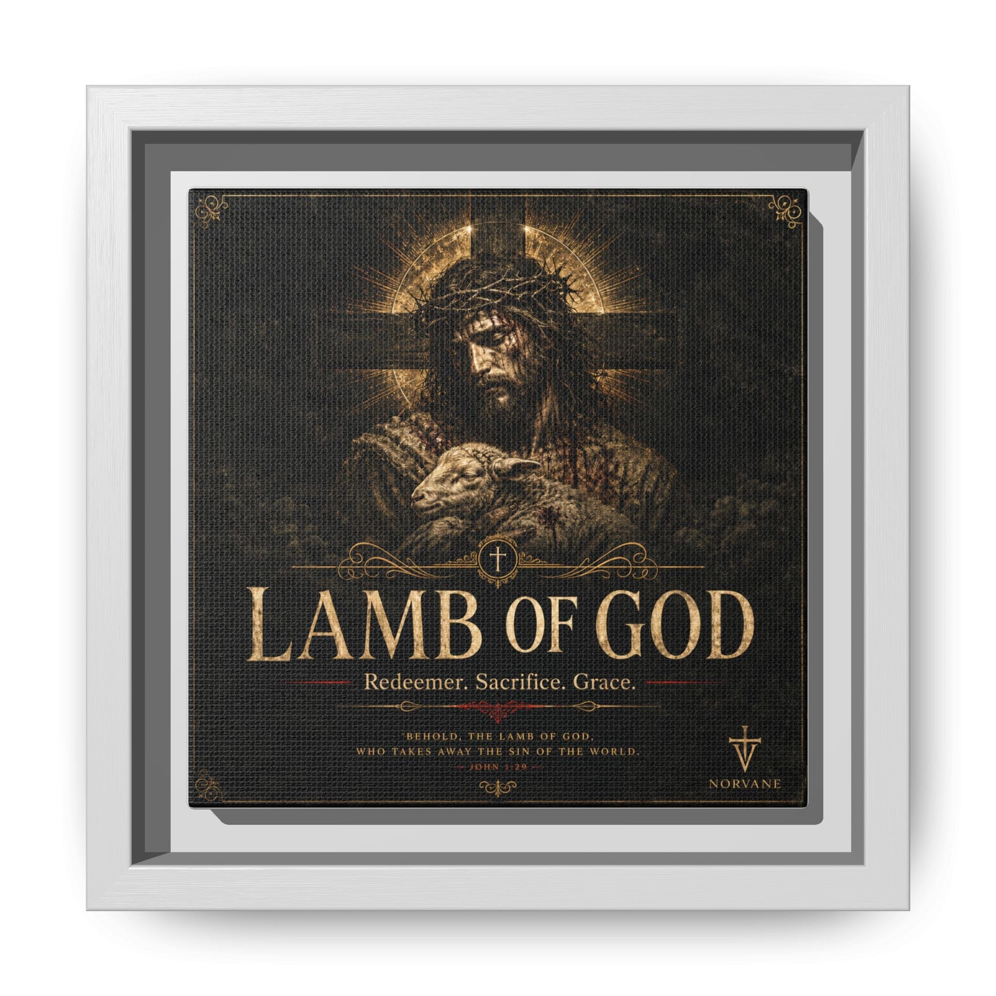 Norvane Lamb of God Framed Canvas – Redeemer Sacrifice Grace Wall Art in White – view 17