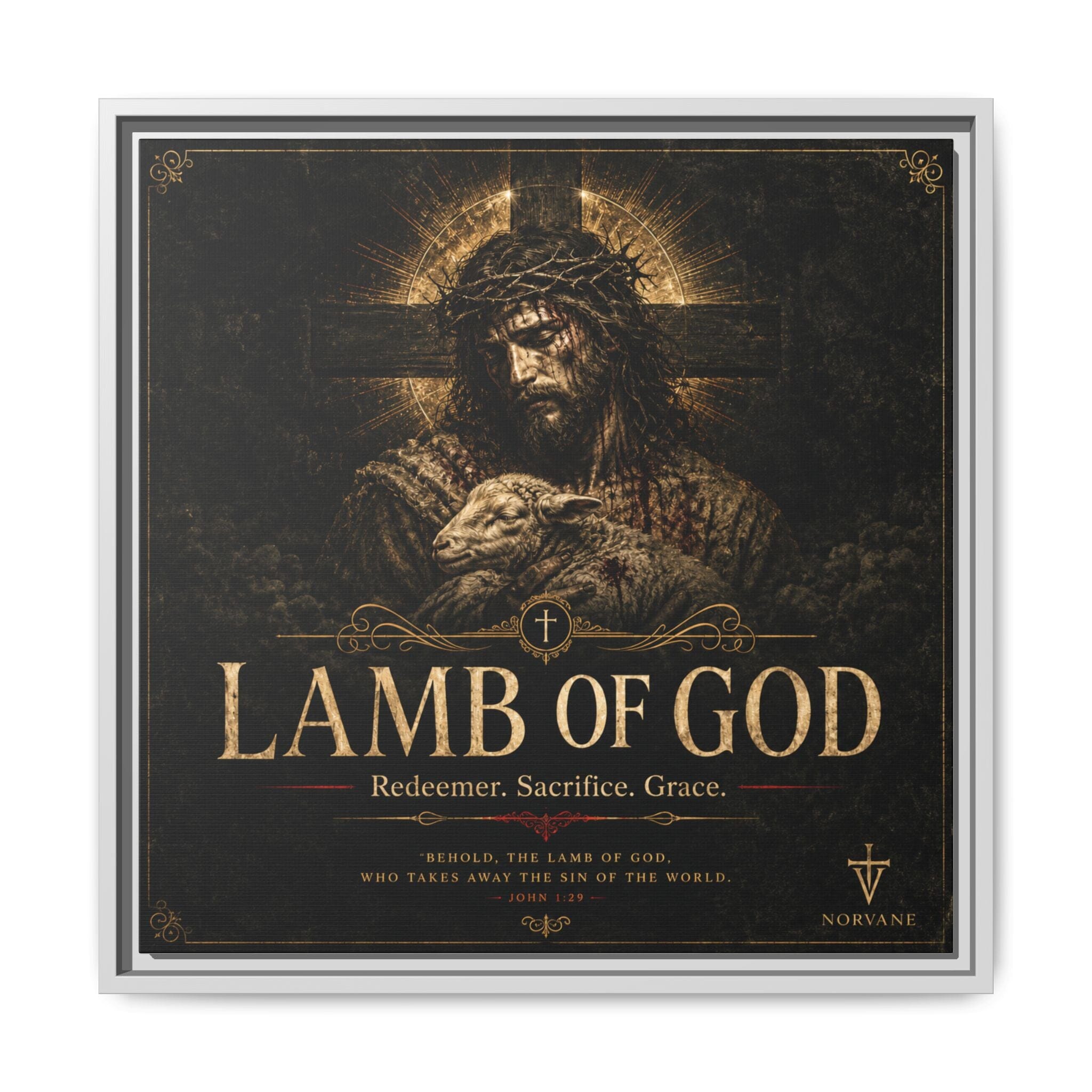 Norvane Lamb of God Framed Canvas – Redeemer Sacrifice Grace Wall Art in White – view 24