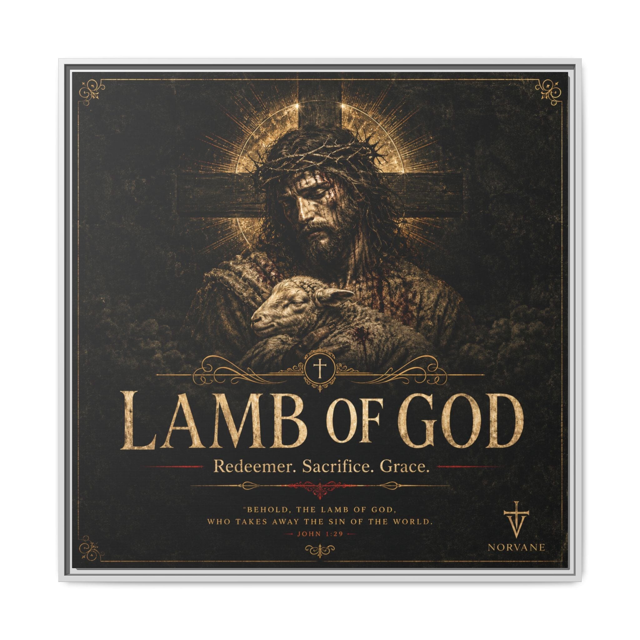 Norvane Lamb of God Framed Canvas – Redeemer Sacrifice Grace Wall Art in White – view 25