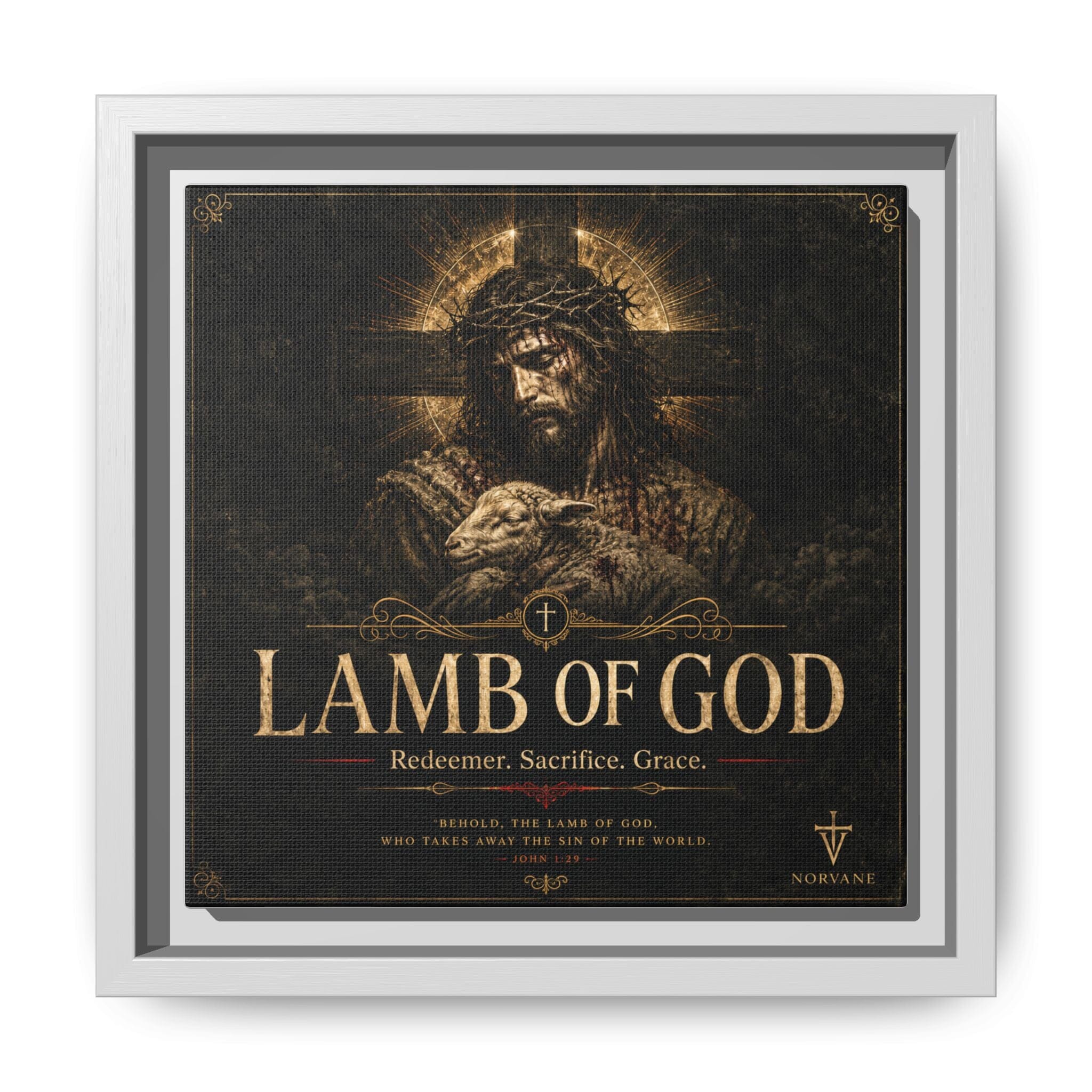 Norvane Lamb of God Framed Canvas – Redeemer Sacrifice Grace Wall Art in White – view 5