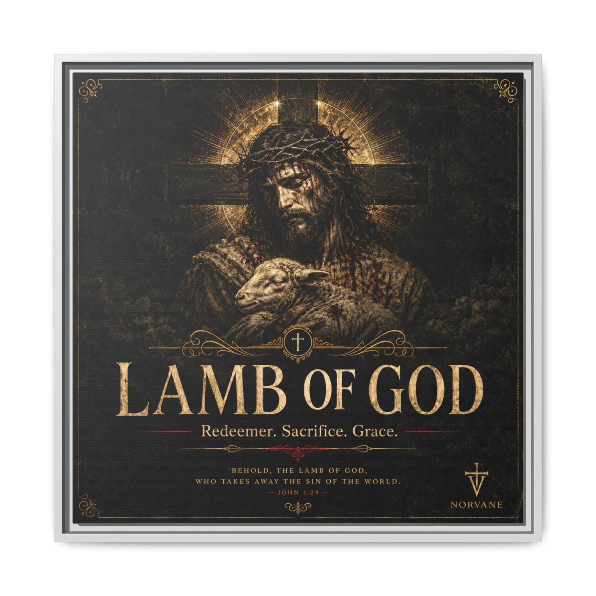 Norvane Lamb of God Framed Canvas – Redeemer Sacrifice Grace Wall Art in White