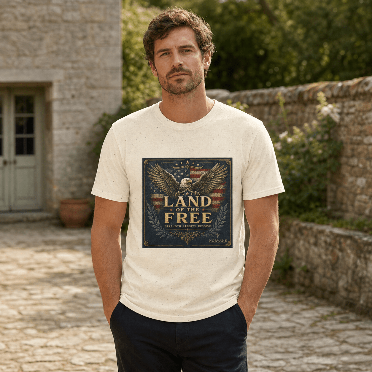 Norvane Land of the Free T-Shirt – Patriotic Eagle Graphic Tee in Natural