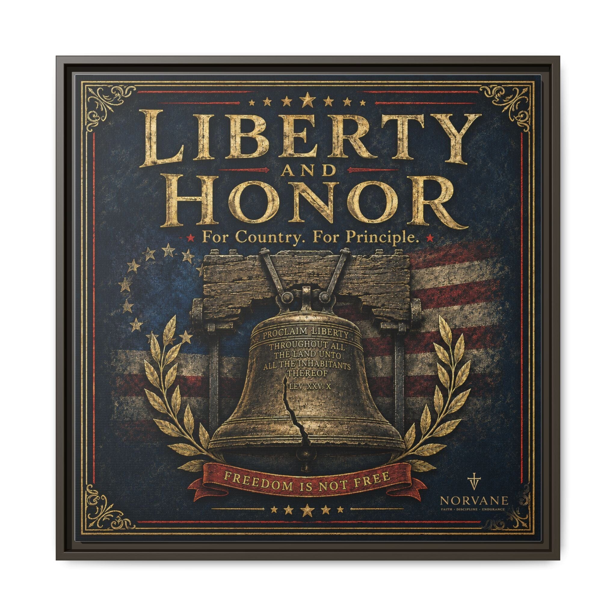 Norvane Liberty & Honor Framed Canvas – Freedom Is Not Free Bell Print in Espresso