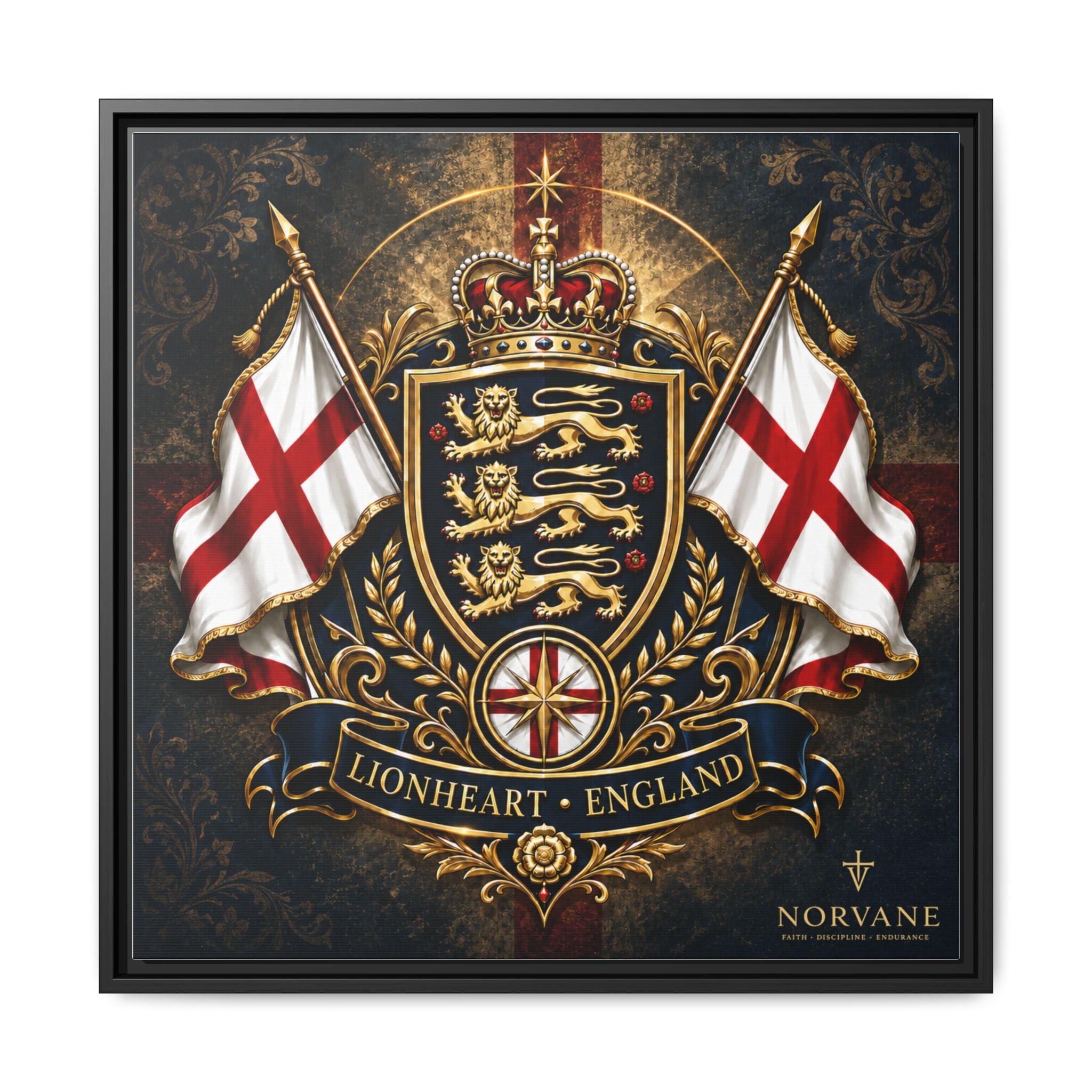 Norvane Lionheart England Crest Canvas – Framed Union Jack Shield Print in Black