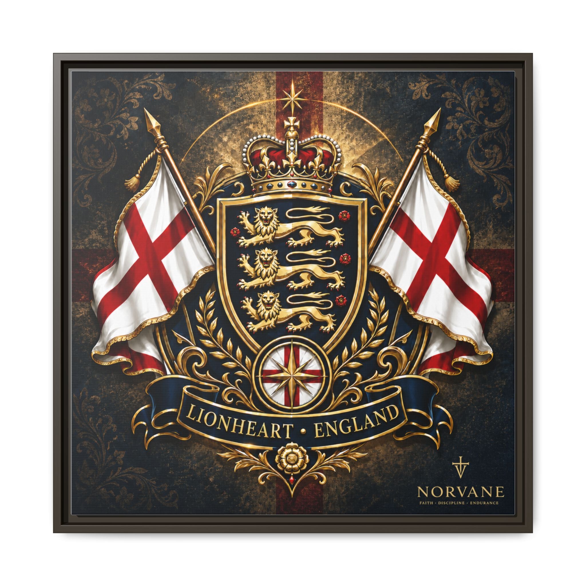 Norvane Lionheart England Crest Canvas – Framed Union Jack Shield Print in Espresso