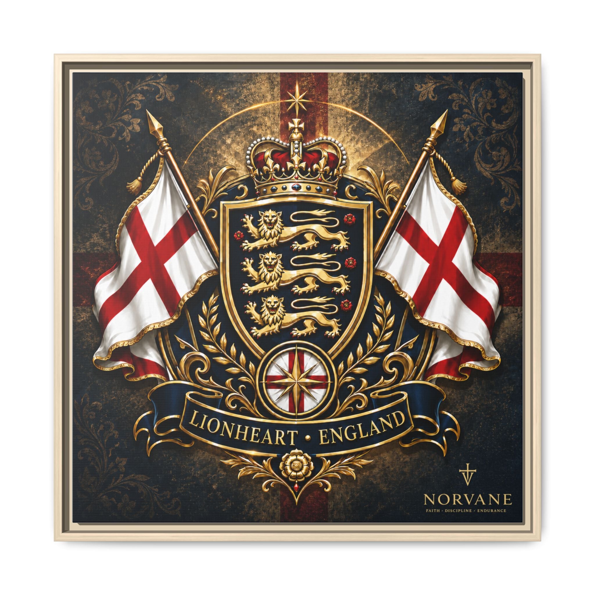 Norvane Lionheart England Crest Canvas – Framed Union Jack Shield Print in Natural