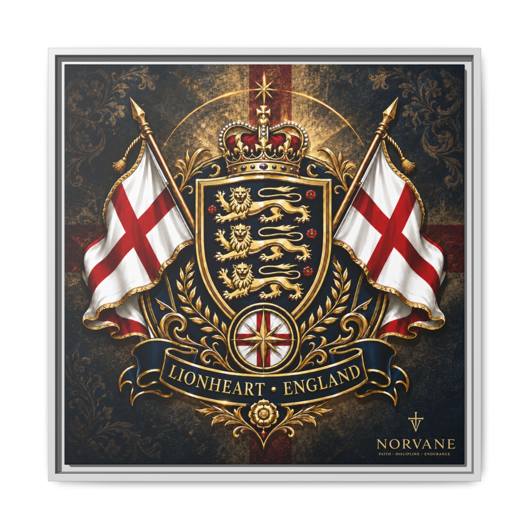 Norvane Lionheart England Crest Canvas – Framed Union Jack Shield Print in White