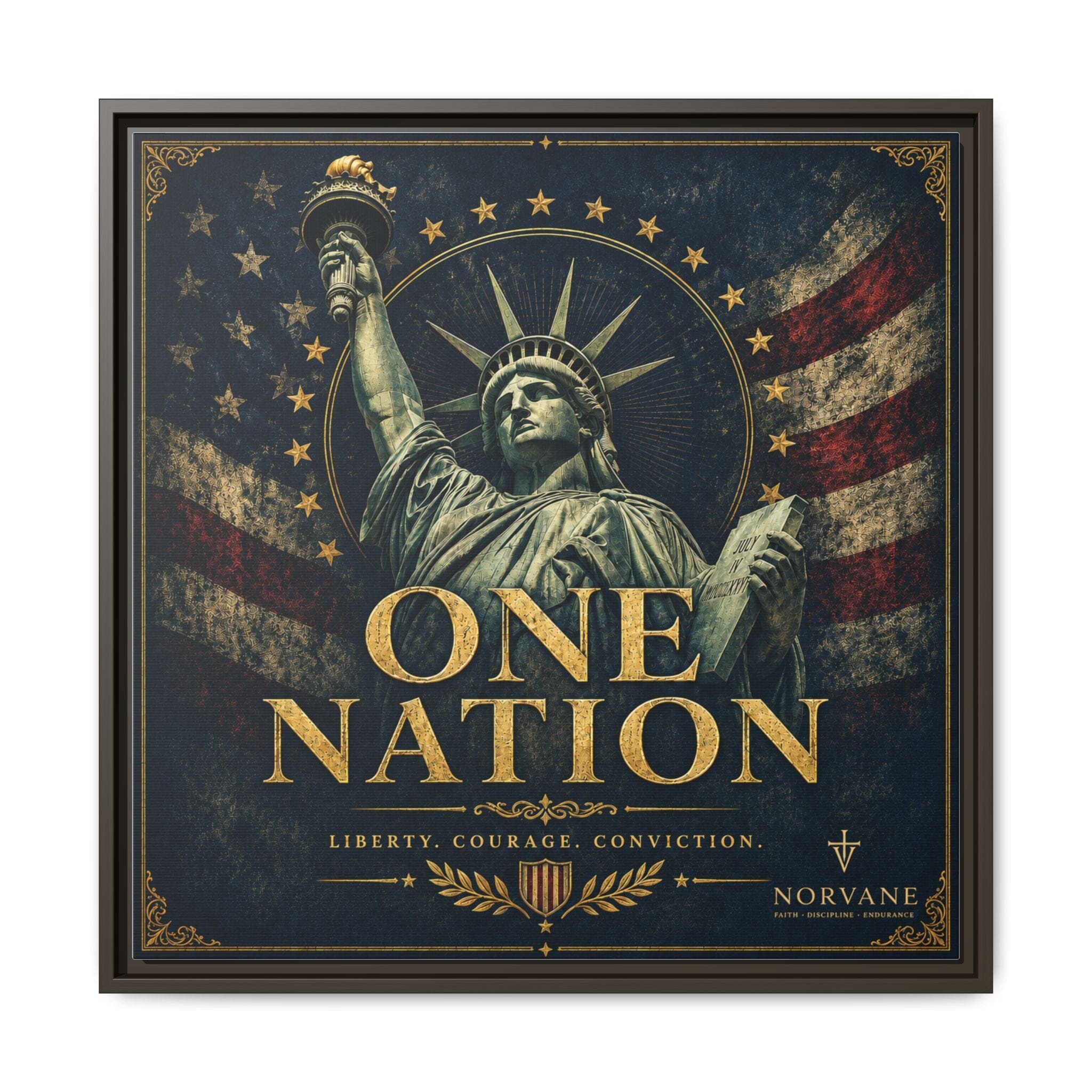 Norvane One Nation Canvas Print – Statue of Liberty Patriotic Wall Art in Espresso