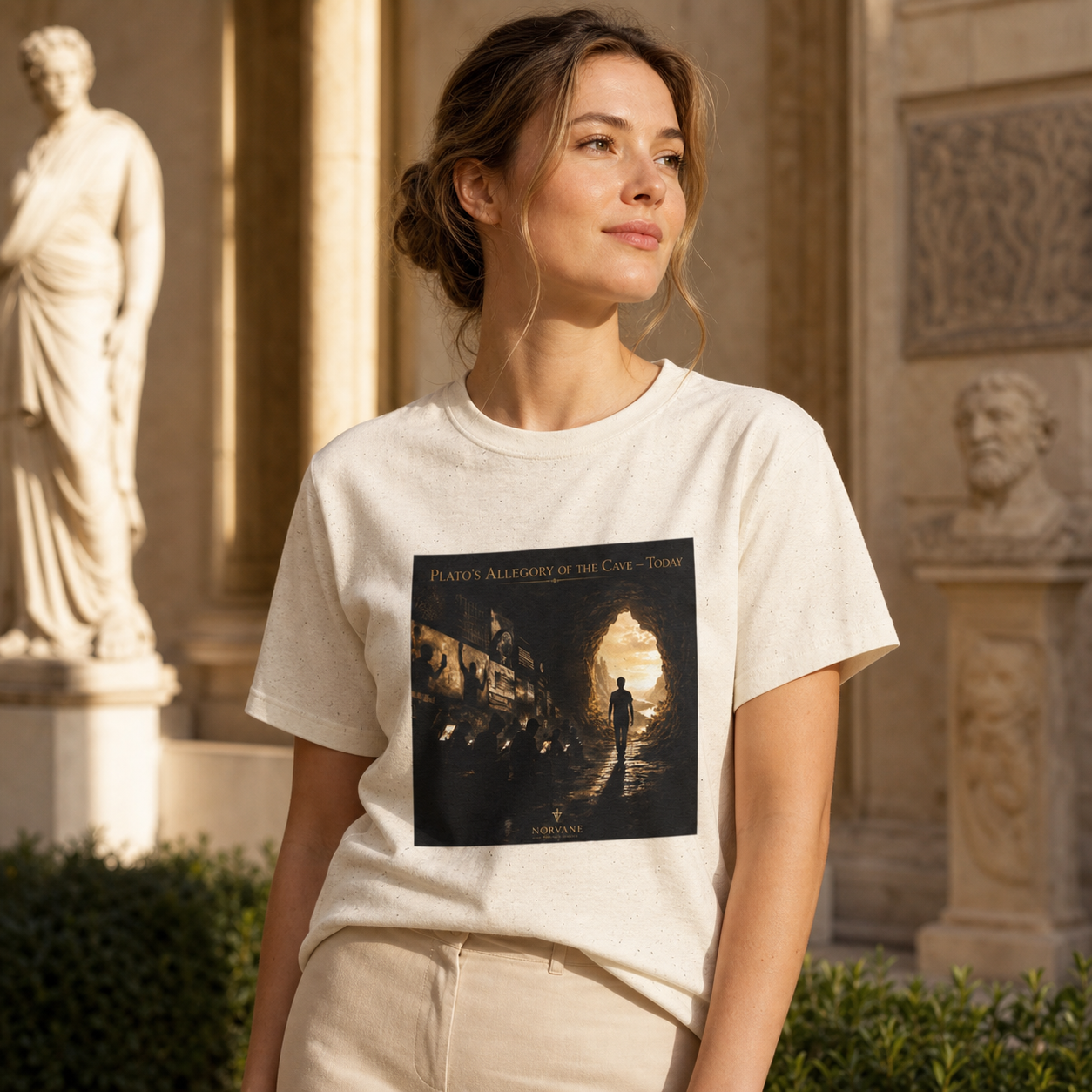 Norvane Plato’s Allegory of the Cave T-Shirt – Modern Philosophy Graphic Tee in Natural