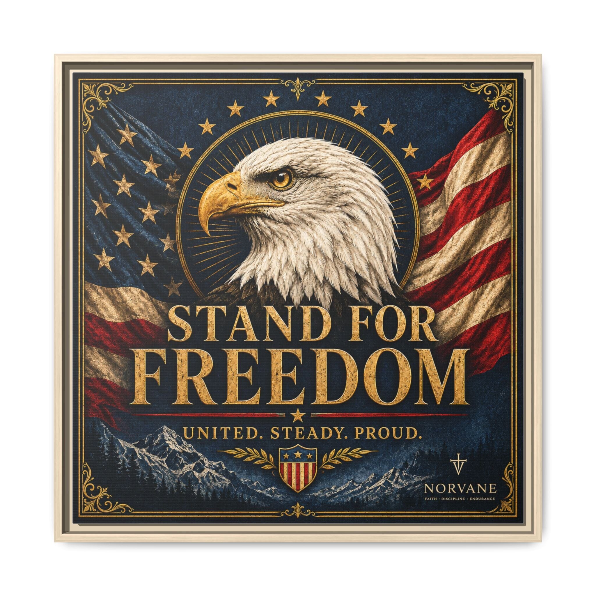 Norvane Stand for Freedom Framed Canvas – Eagle & American Flag Wall Art in Natural