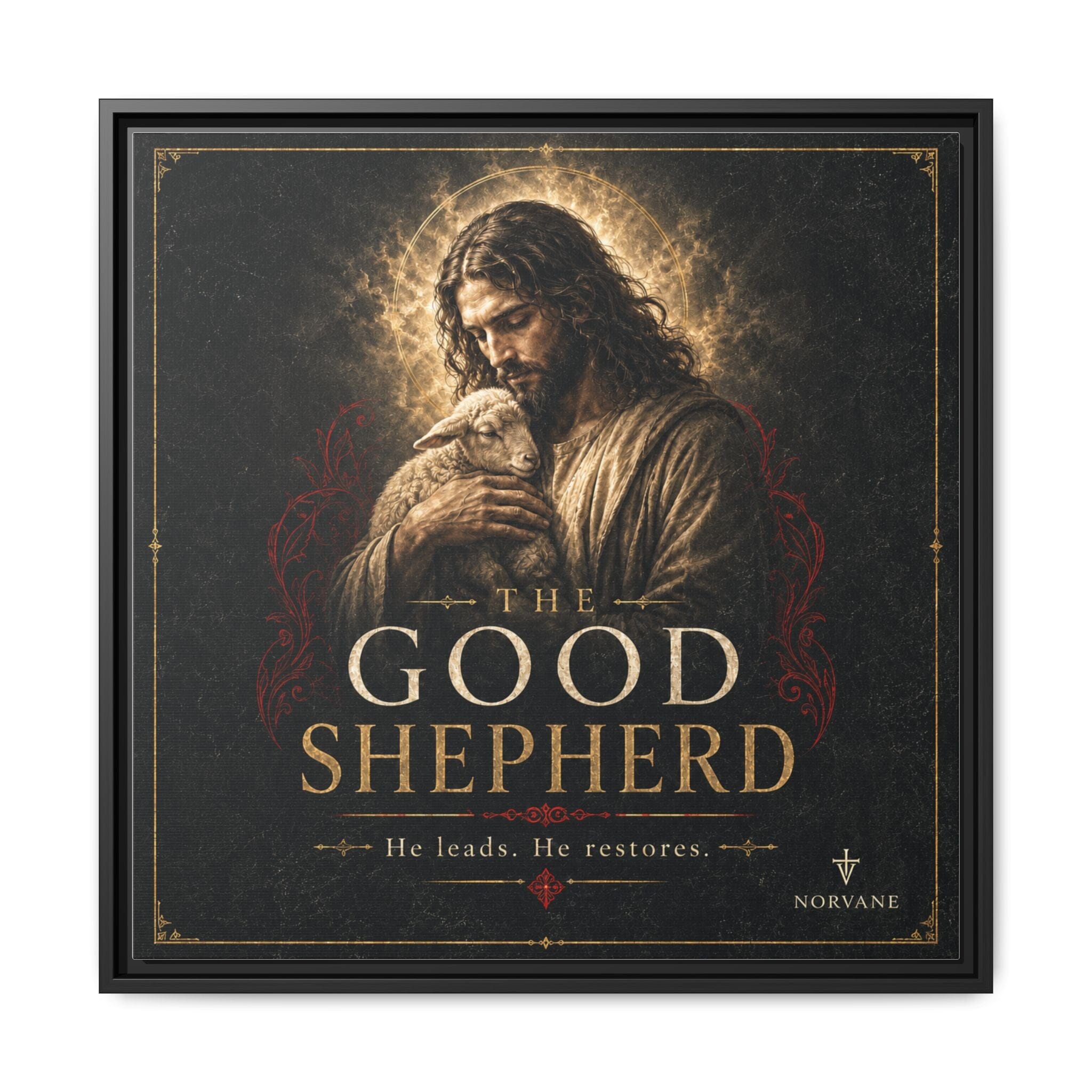 Norvane The Good Shepherd Framed Canvas – He Leads, He Restores Wall Art in Black