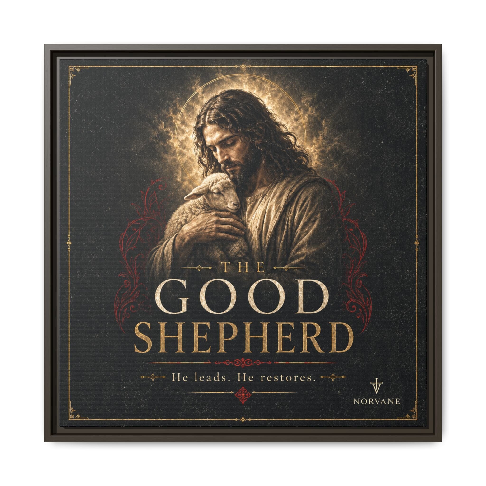 Norvane The Good Shepherd Framed Canvas – He Leads, He Restores Wall Art in Espresso