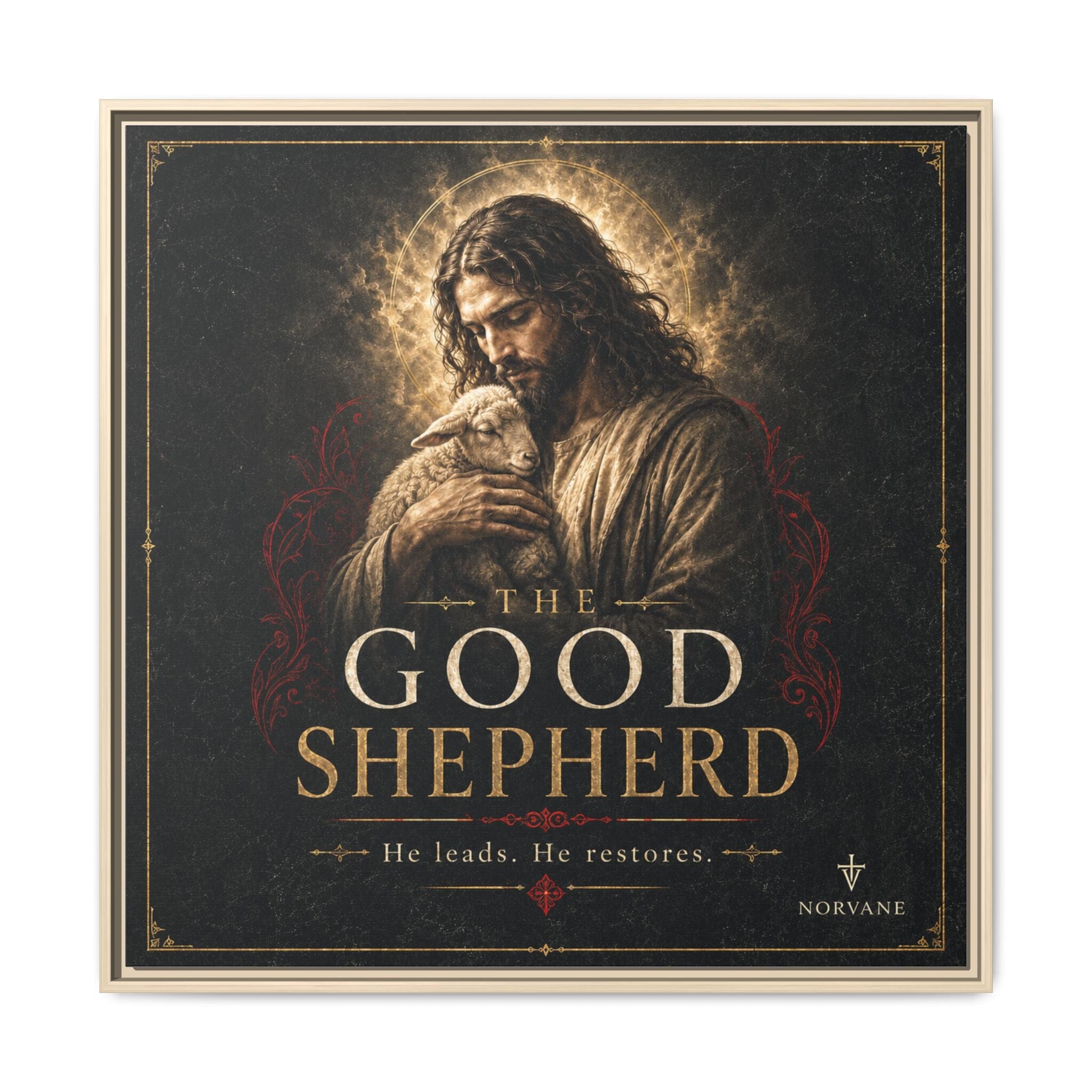 Norvane The Good Shepherd Framed Canvas – He Leads, He Restores Wall Art in Natural – view 10