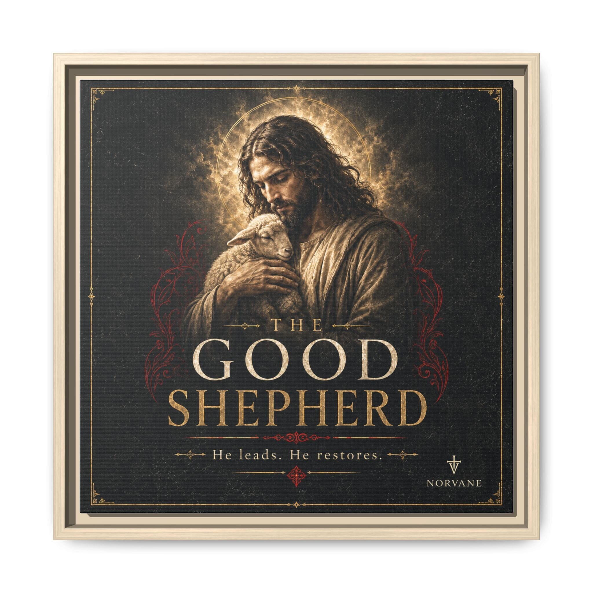 Norvane The Good Shepherd Framed Canvas – He Leads, He Restores Wall Art in Natural – view 13