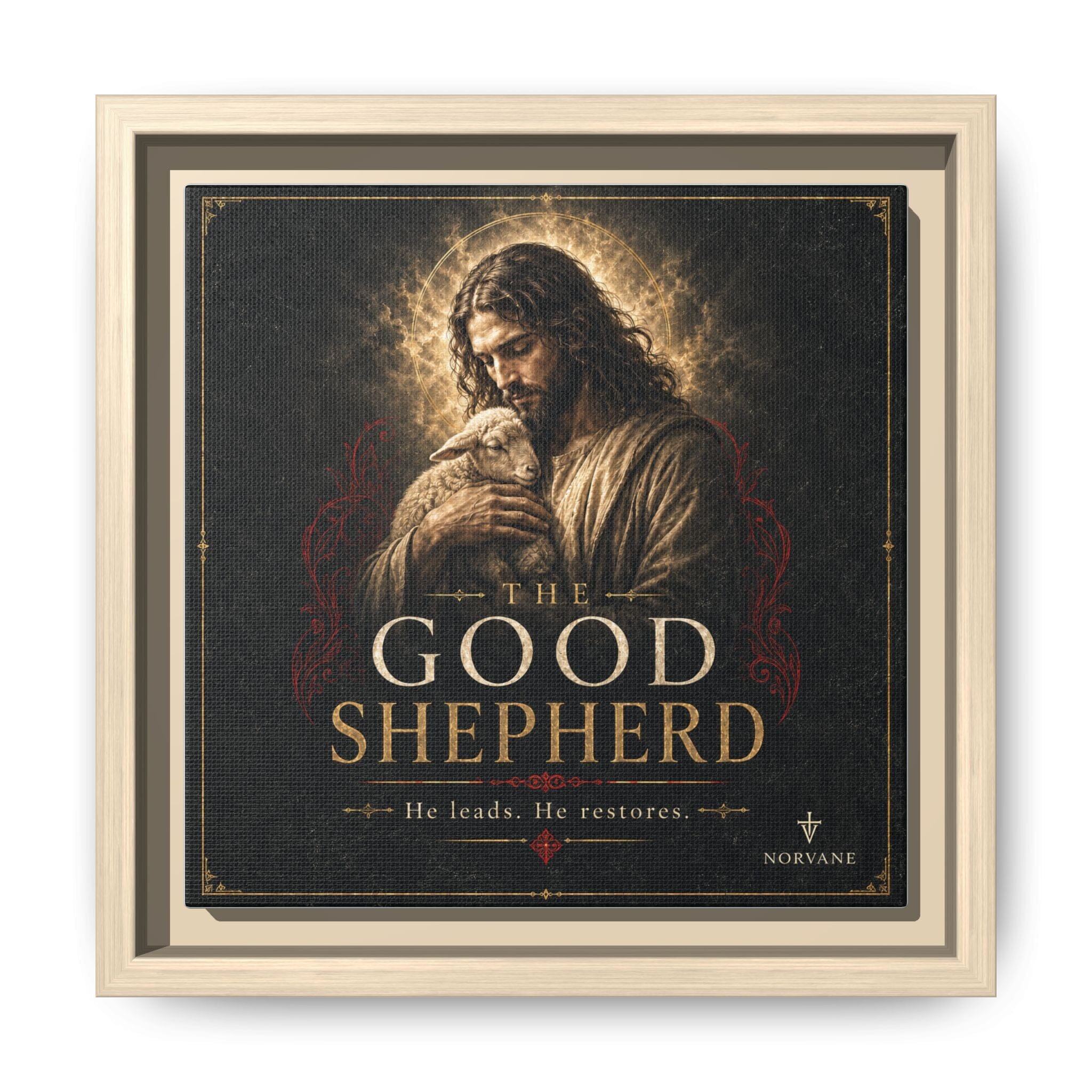 Norvane The Good Shepherd Framed Canvas – He Leads, He Restores Wall Art in Natural – view 8