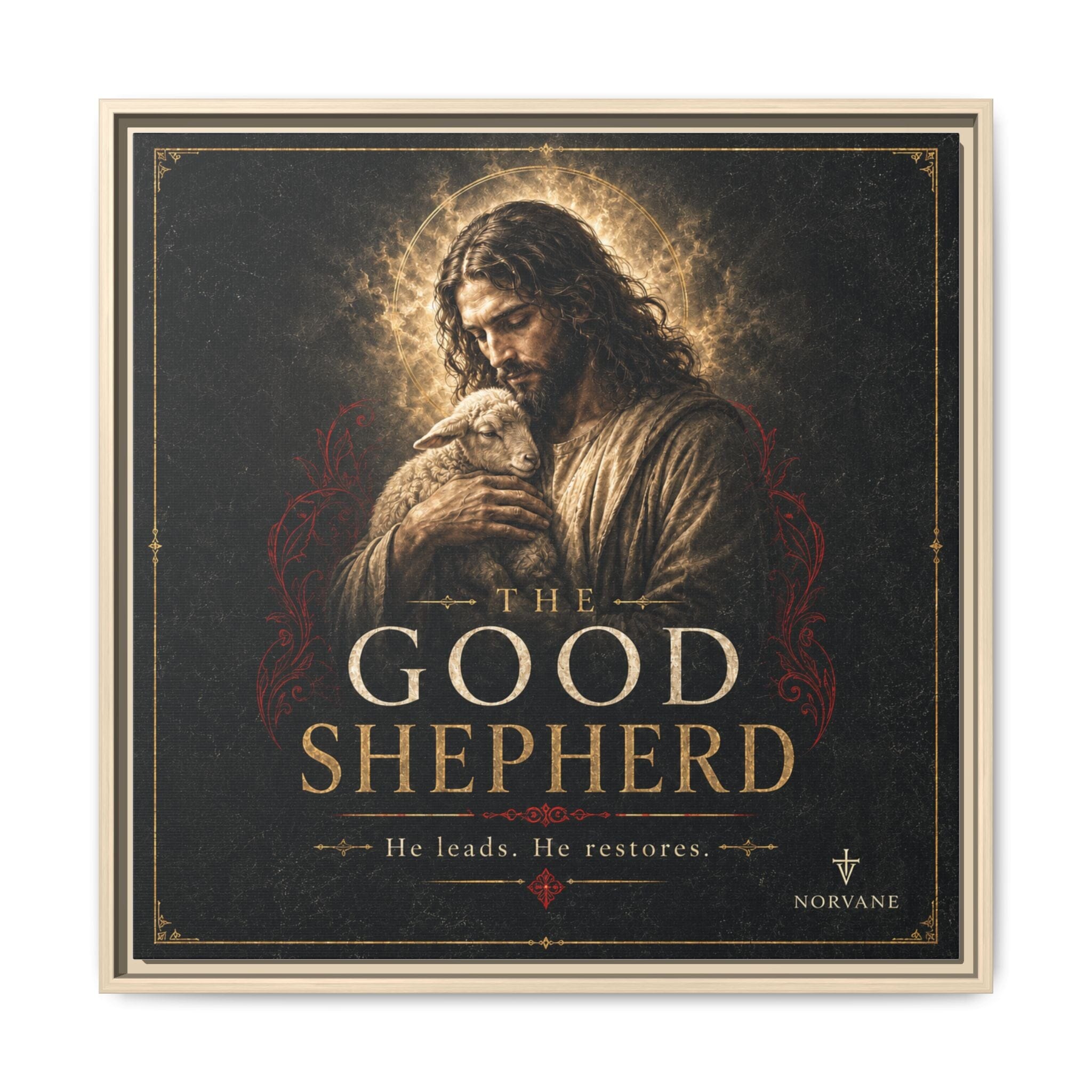 Norvane The Good Shepherd Framed Canvas – He Leads, He Restores Wall Art in Natural