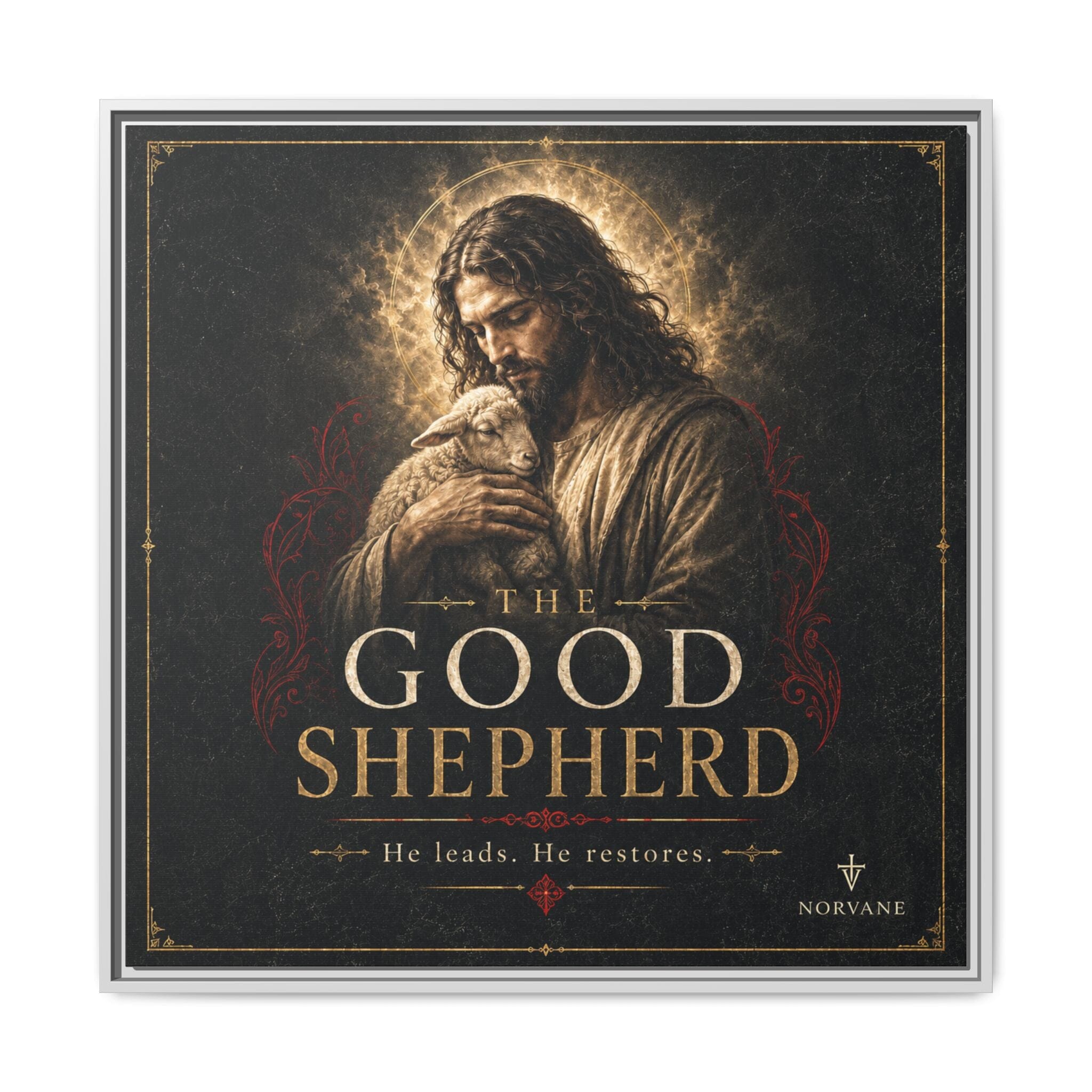 Norvane The Good Shepherd Framed Canvas – He Leads, He Restores Wall Art in White – view 12
