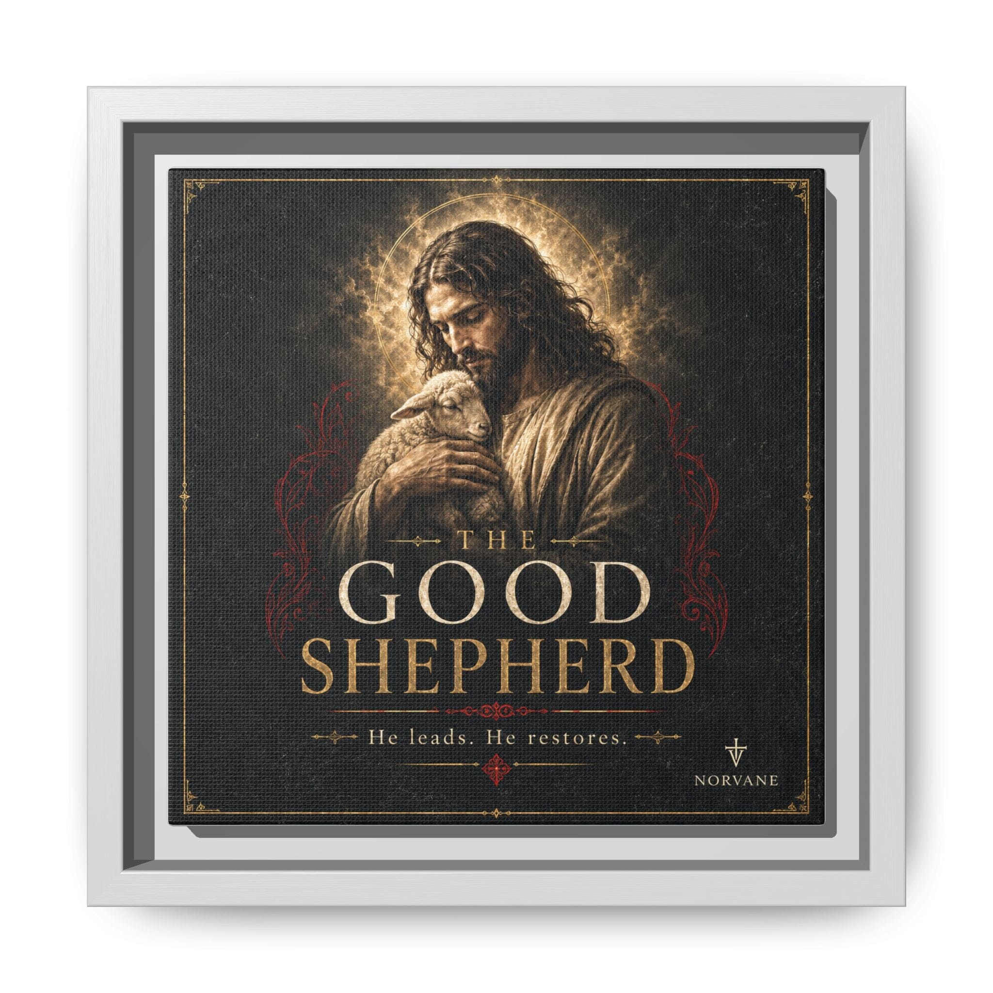 Norvane The Good Shepherd Framed Canvas – He Leads, He Restores Wall Art in White – view 5