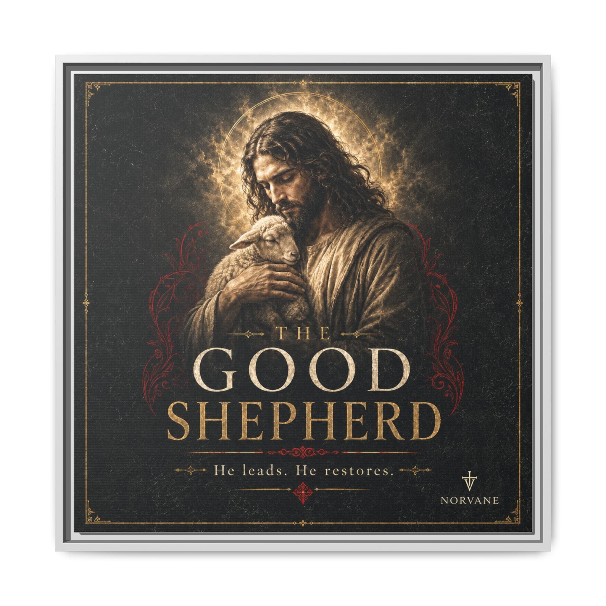 Norvane The Good Shepherd Framed Canvas – He Leads, He Restores Wall Art in White