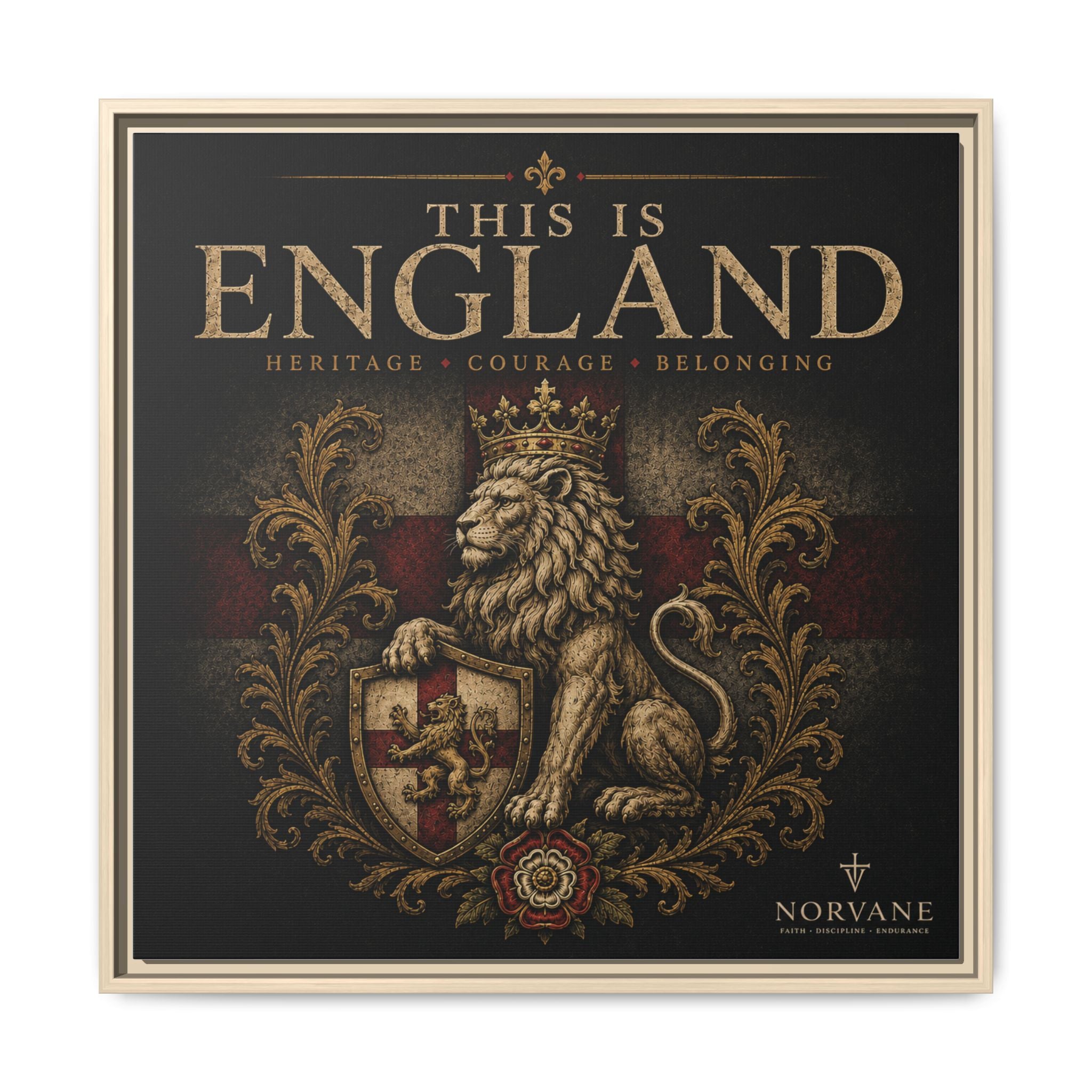 Norvane This Is England Framed Canvas – Vintage Lion Crest Wall Decor in Natural