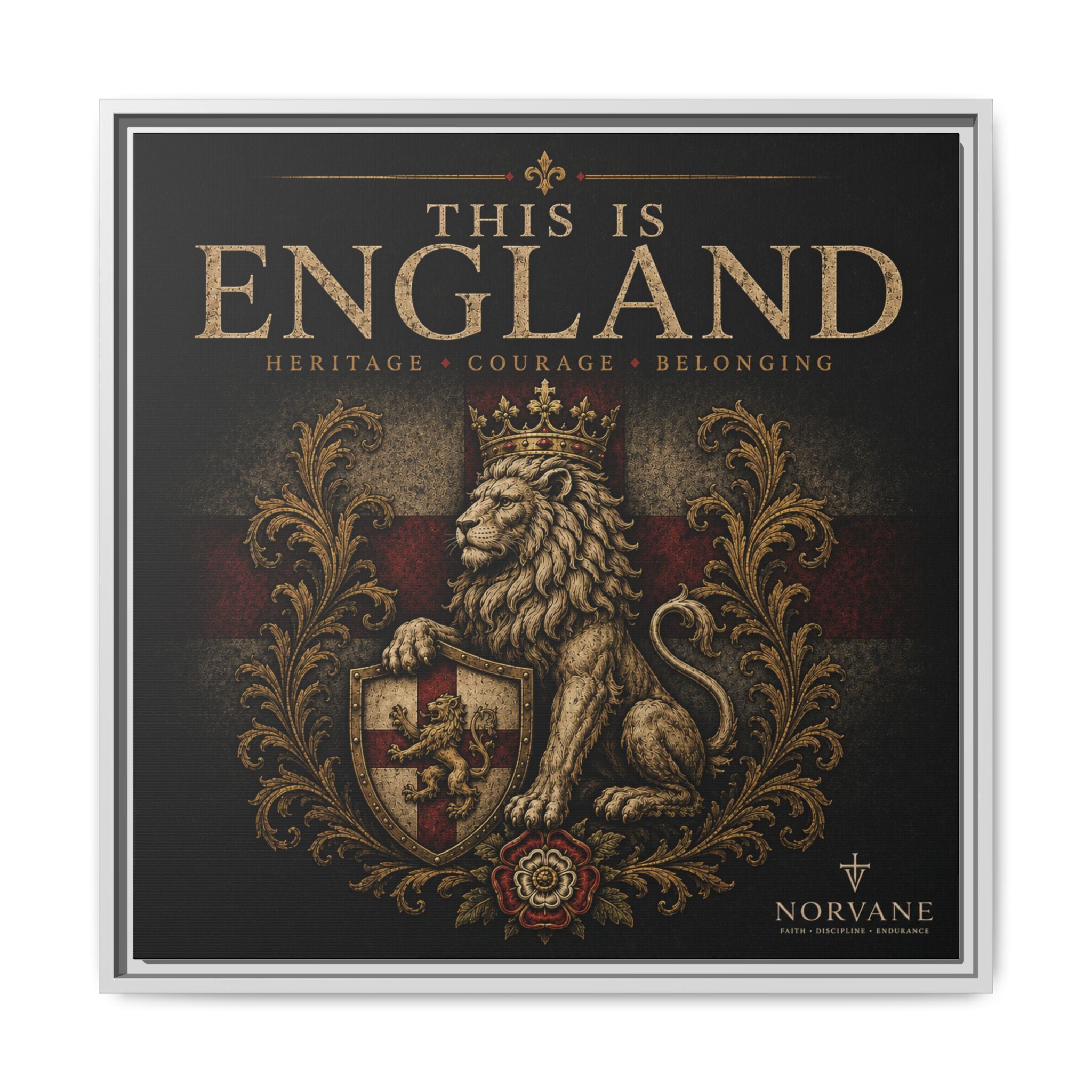 Norvane This Is England Framed Canvas – Vintage Lion Crest Wall Decor in White