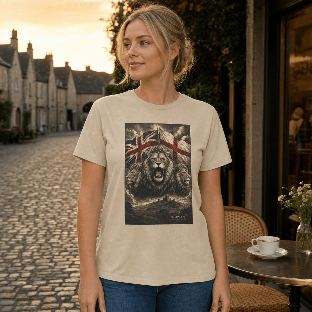 Norvane Three Lions British Heritage T-Shirt – Patriotic Graphic Tee in Sand