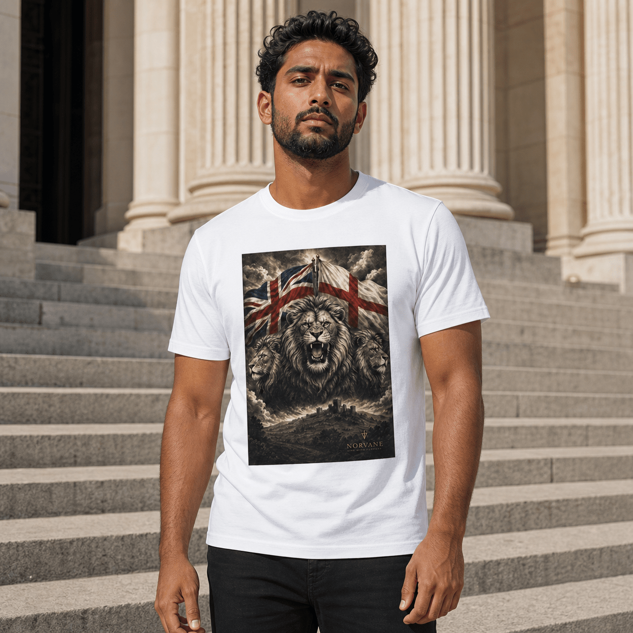 Norvane Three Lions British Heritage T-Shirt – Patriotic Graphic Tee in White