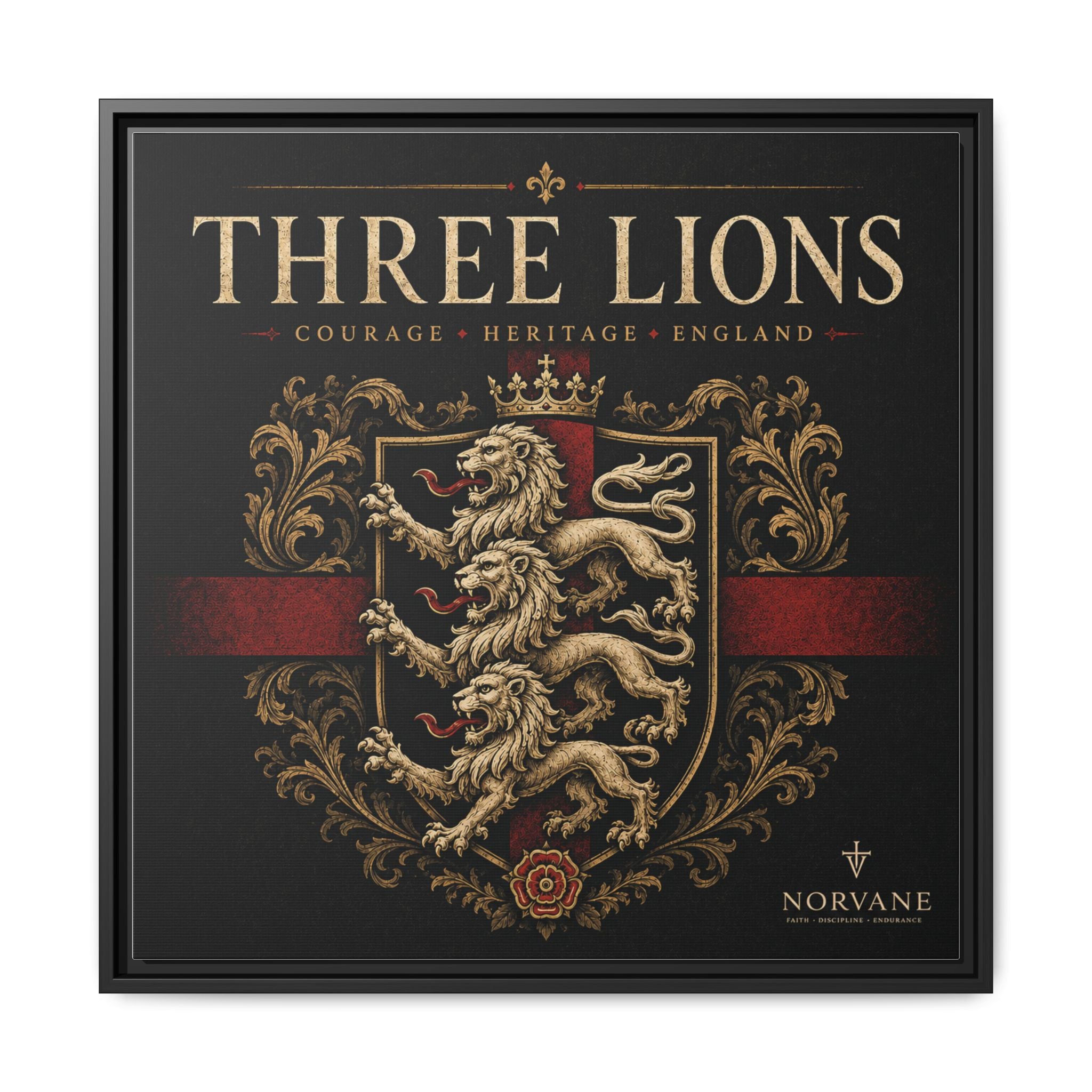 Norvane Three Lions Framed Canvas – Heraldic England Crest Print in Black