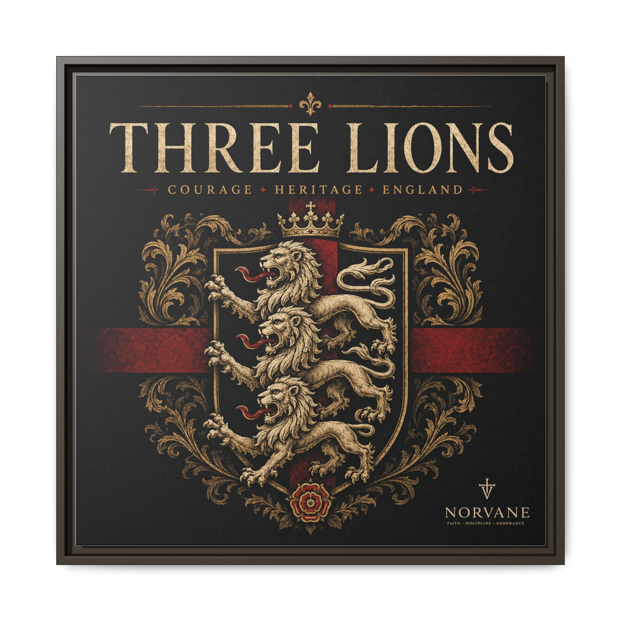 Norvane Three Lions Framed Canvas – Heraldic England Crest Print in Espresso