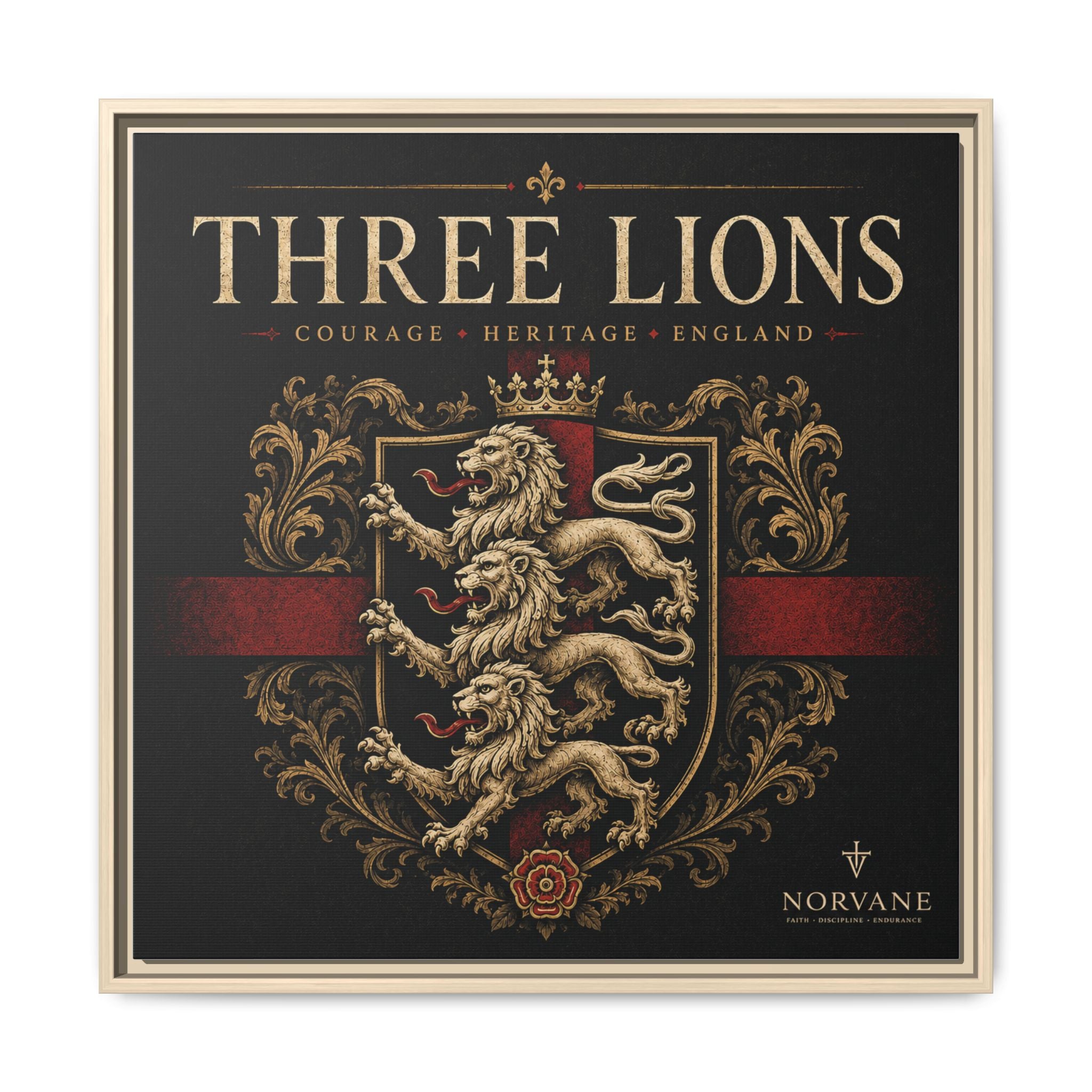 Norvane Three Lions Framed Canvas – Heraldic England Crest Print in Natural