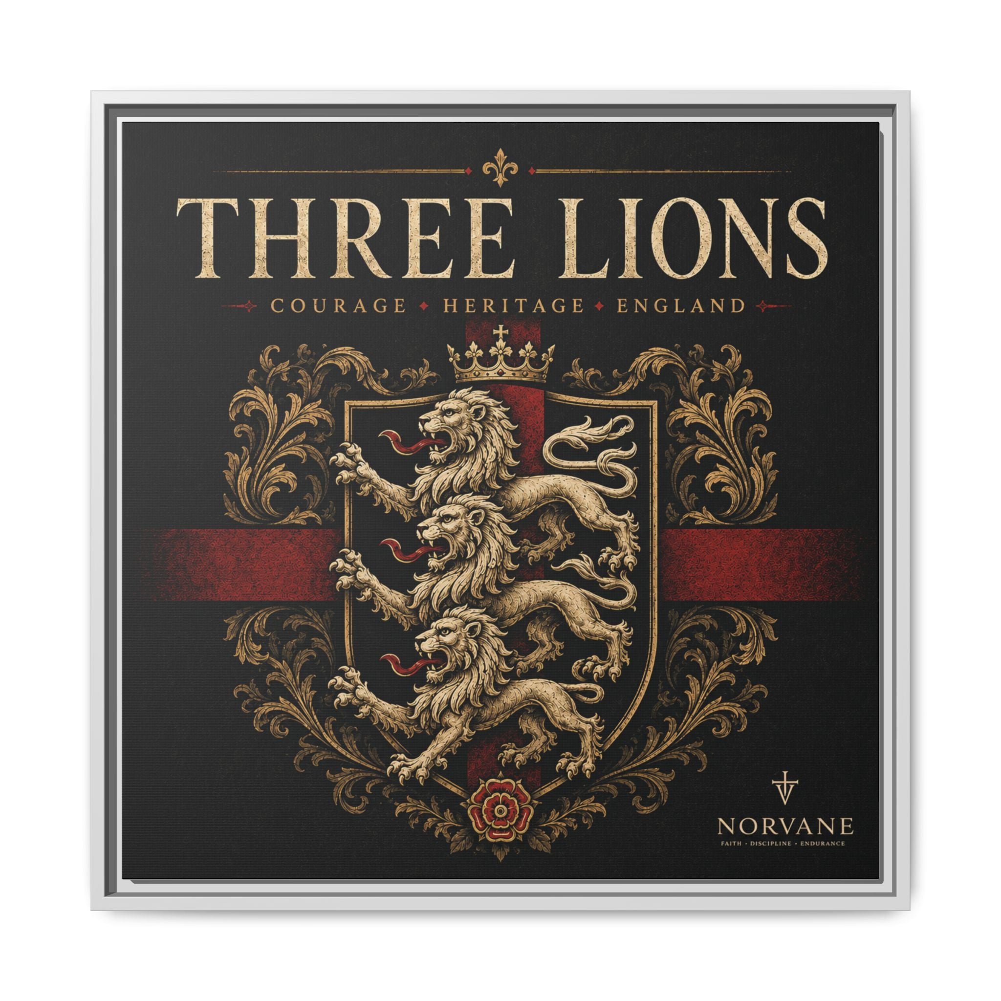 Norvane Three Lions Framed Canvas – Heraldic England Crest Print in White