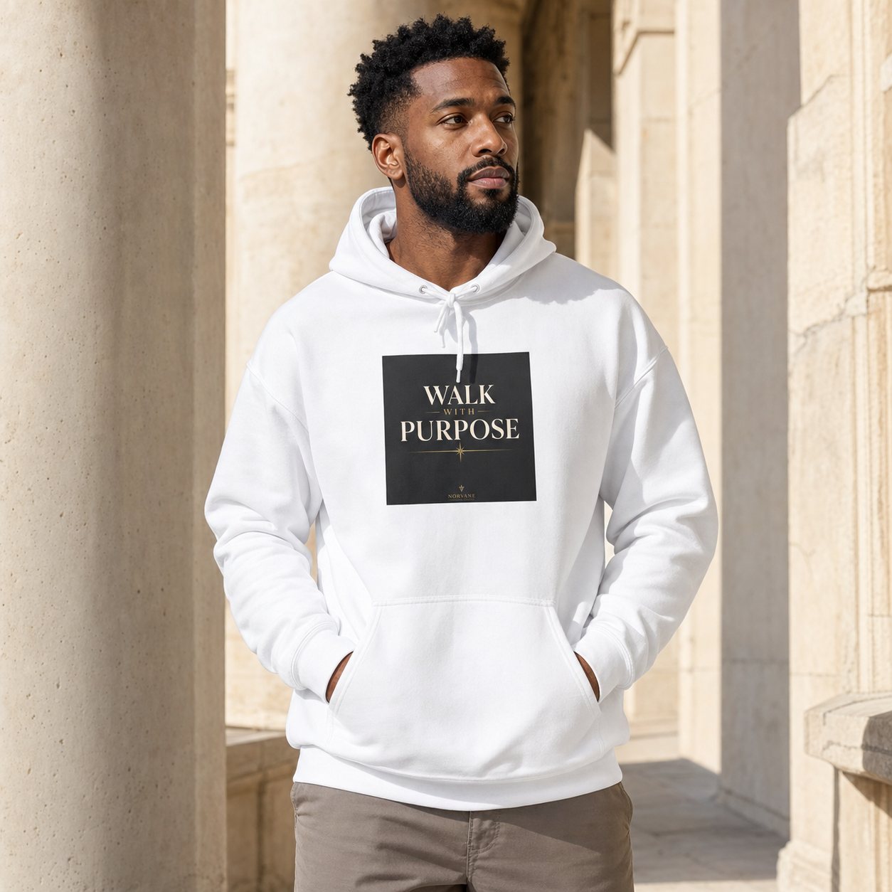 Norvane Walk With Purpose Hoodie – Inspirational Quote Pullover in White