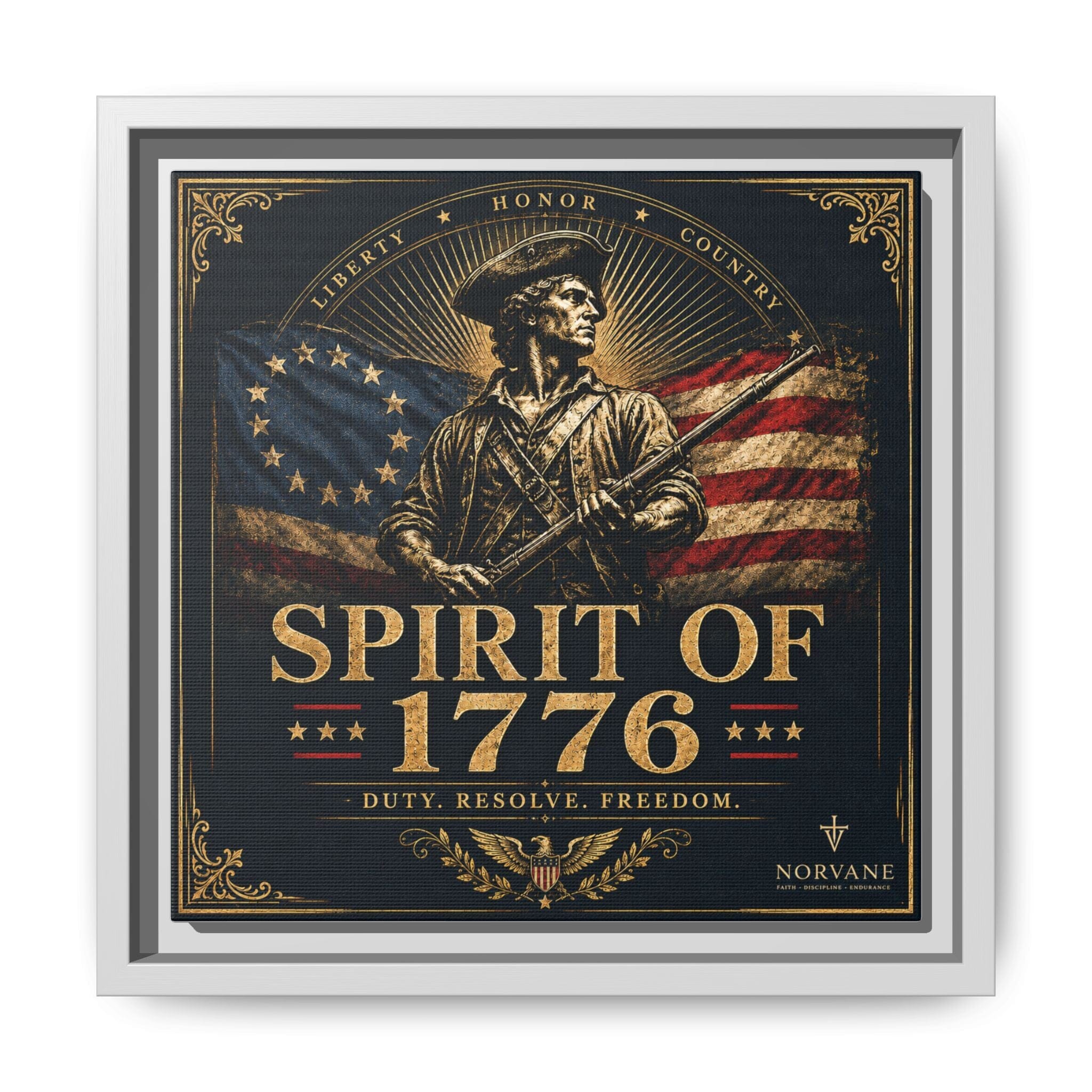 Spirit of 1776 Matte Canvas Framed Wall Art — Patriotic Revolutionary War Decor Canvas Printify 10″ x 10″ 1.25" White
