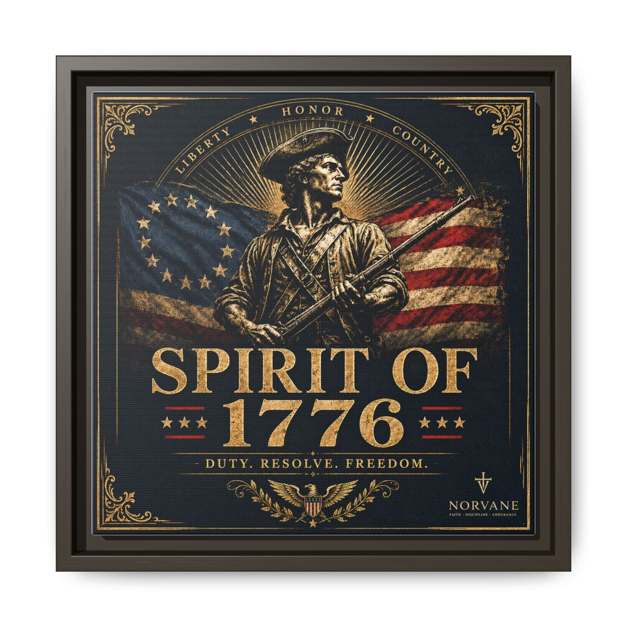 Spirit of 1776 Matte Canvas Framed Wall Art — Patriotic Revolutionary War Decor Canvas Printify 12″ x 12″ 1.25" Espresso
